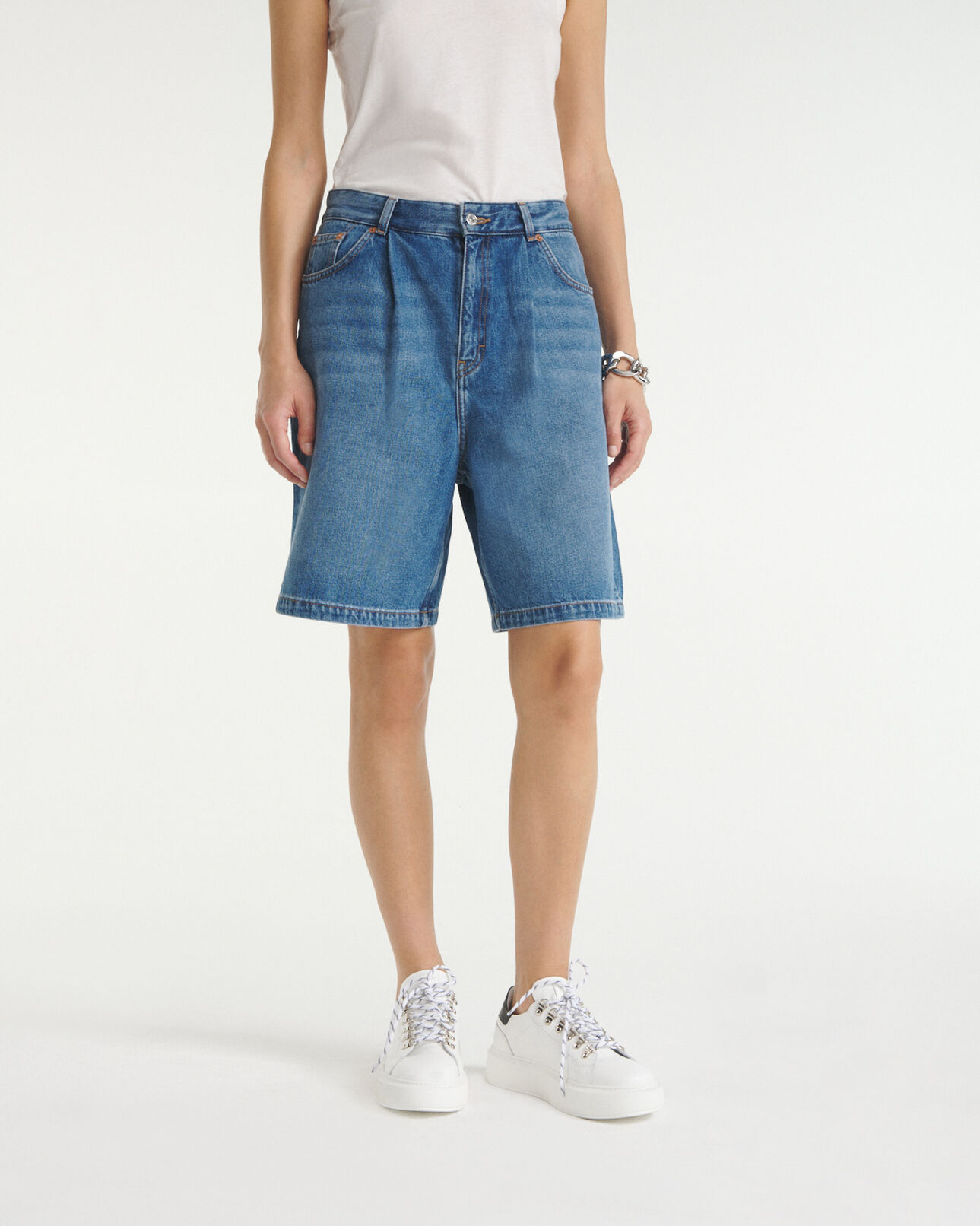 The Kooples WOMEN BLUE DENIM blue denim shorts with cuffs