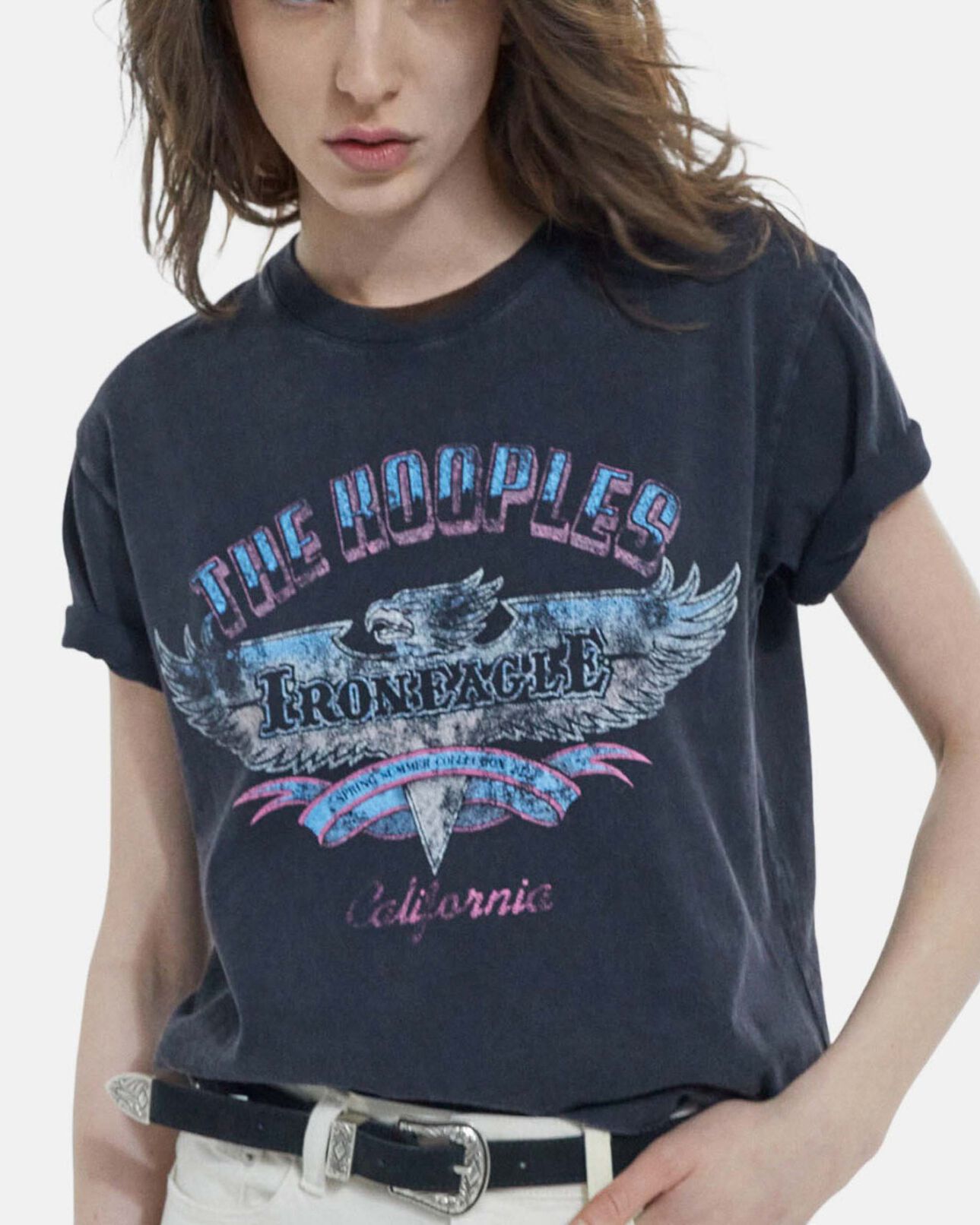 The Kooples FEMME BLACK WASHED t-shirt noir délavé coton imprimé aigle