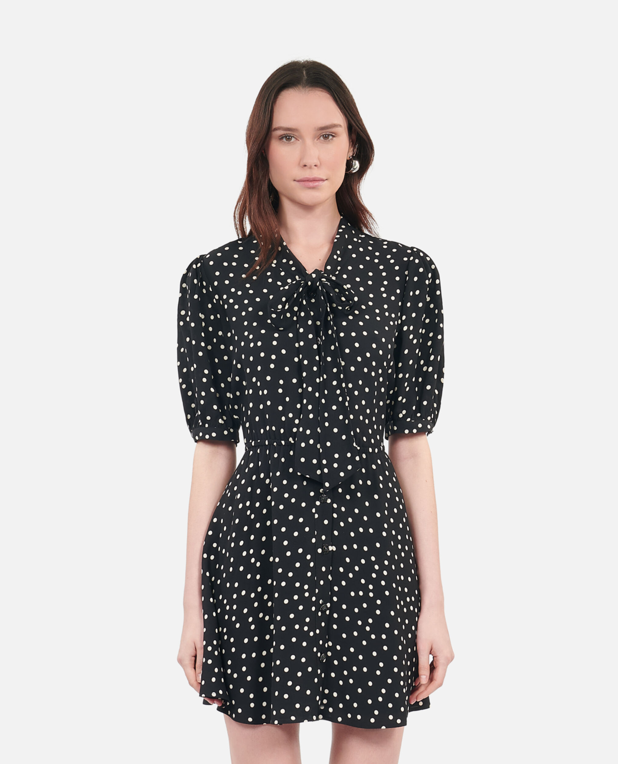 Short black polka dot dress, BLACK WHITE, hi-res image number null