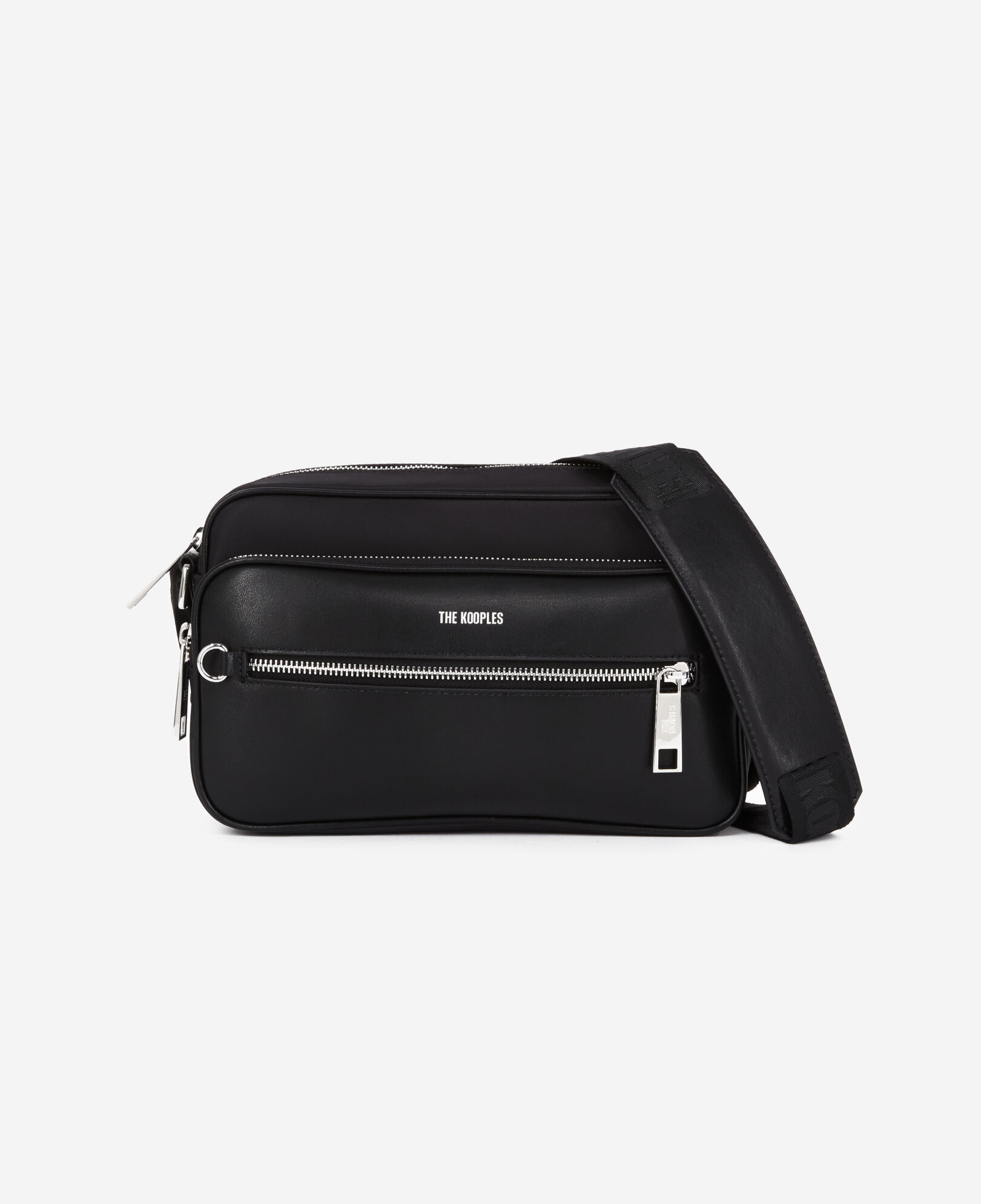 The Kooples MEN BLACK messenger bag in black leather and nylon fiber