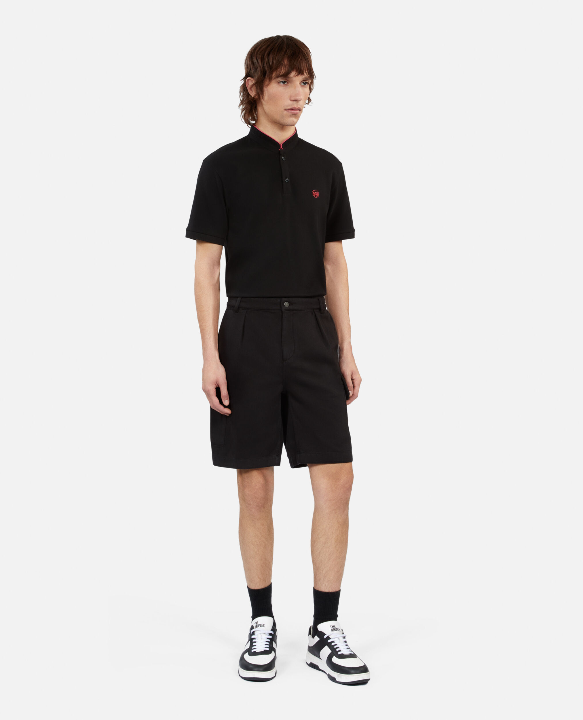 Black cotton and linen cargo shorts, BLACK, hi-res image number null