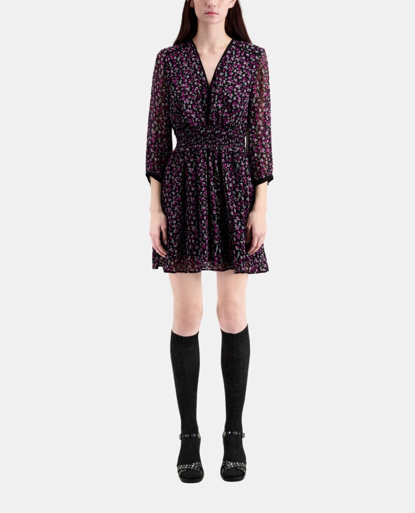 The Kooples WOMEN BLACK / PINK short printed dress with smocking