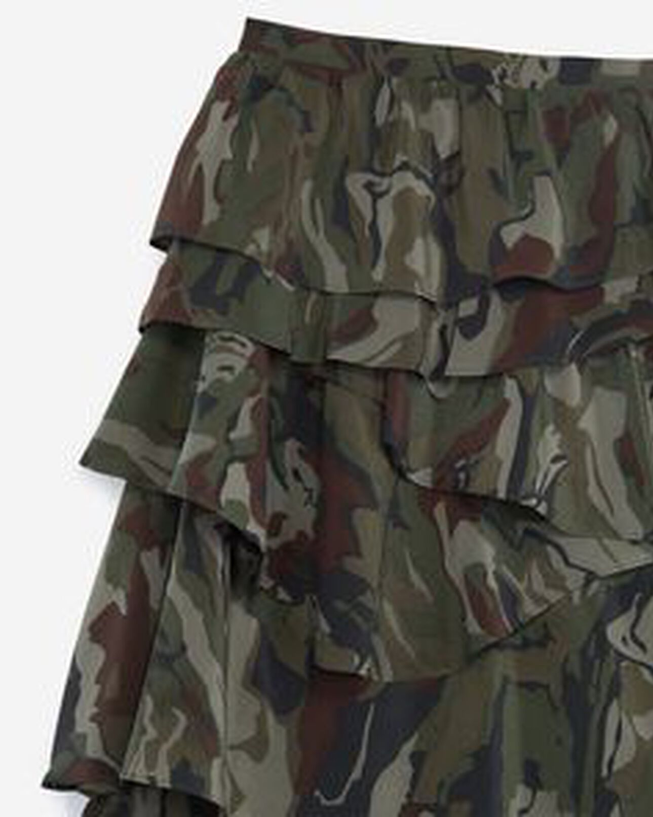 The Kooples WOMEN CAMOUFLAGE asymmetric viscose skirt with camouflage motif and frills