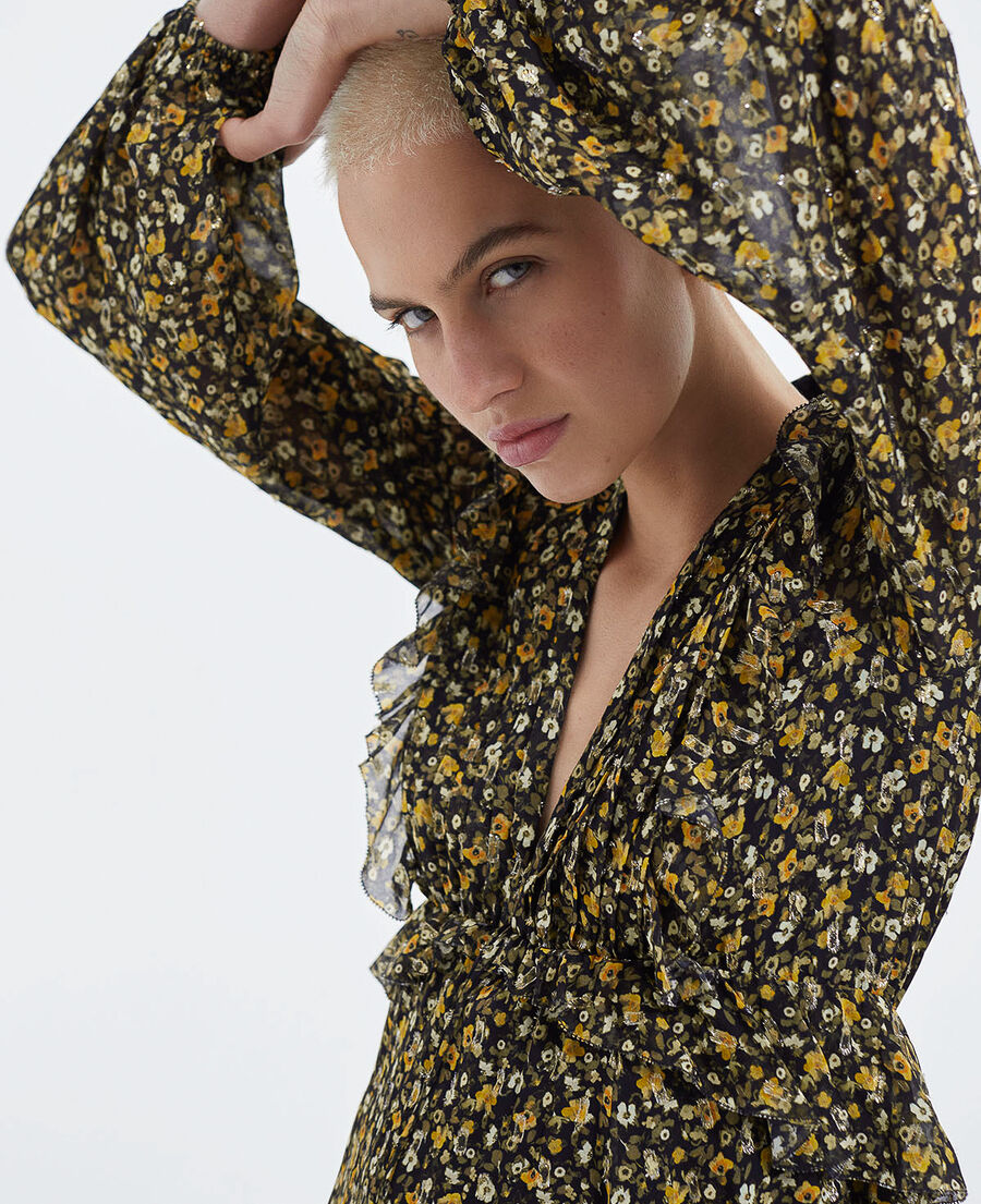 short frill dress in black and yellow lurex