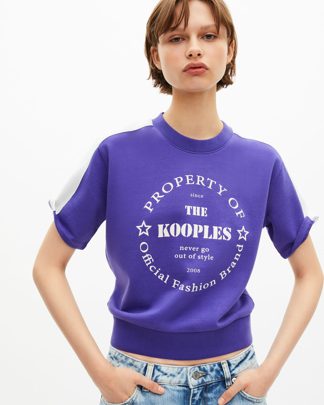 The Kooples DAMEN ELECTRIC BLUE kurzärmeliges sweatshirt mit lila siebdruck