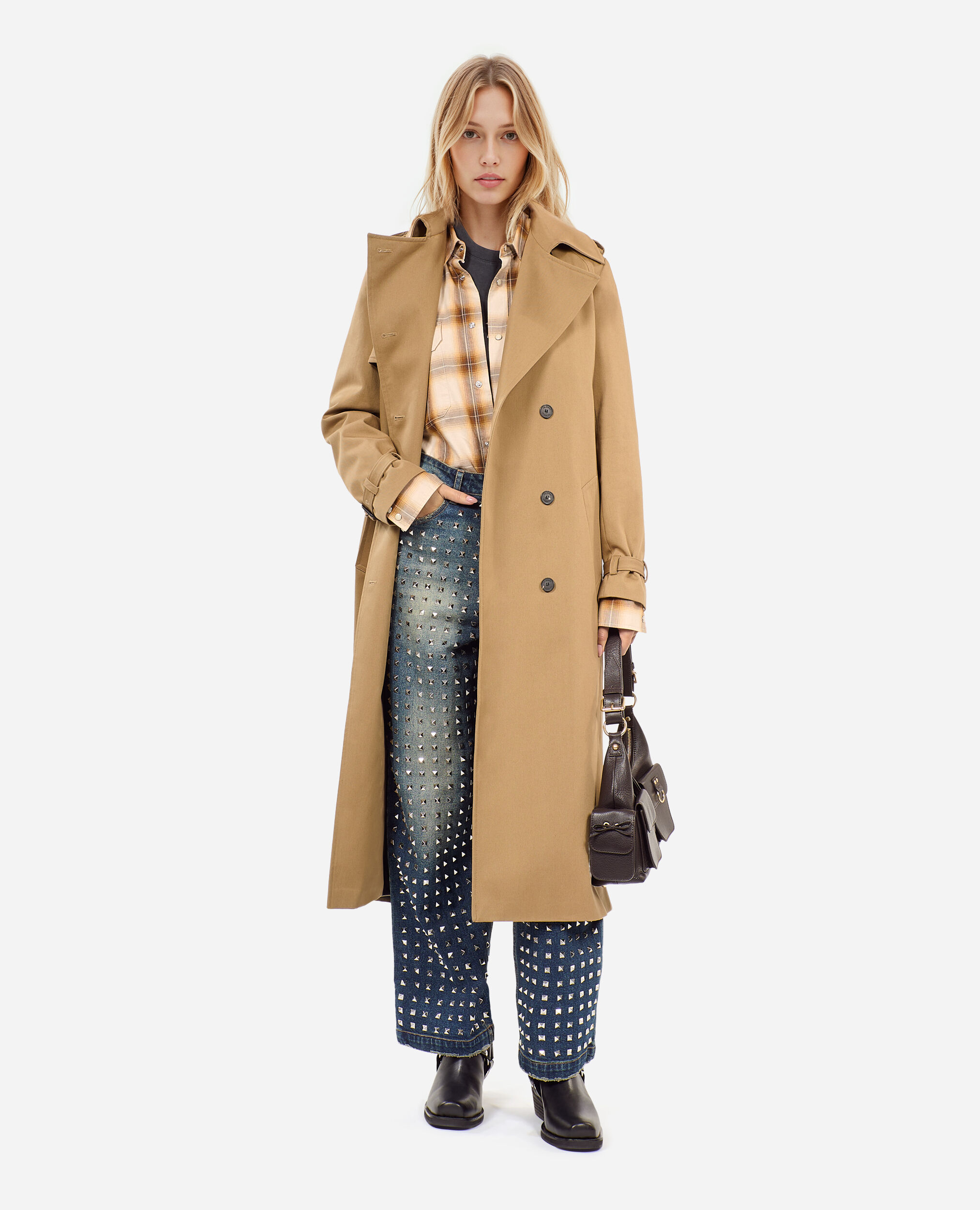 Long beige trench coat