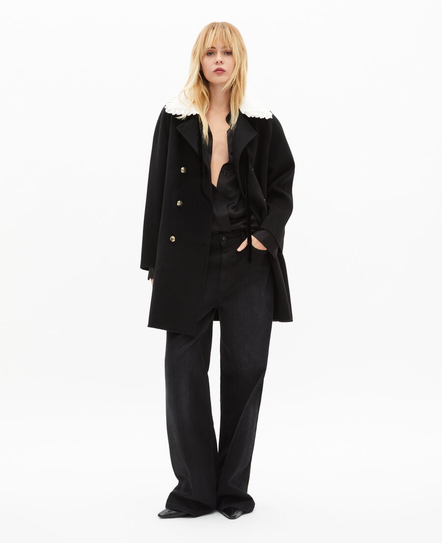 The Kooples FEMME BLACK manteau double face en laine m&eacute;lang&eacute;e noire