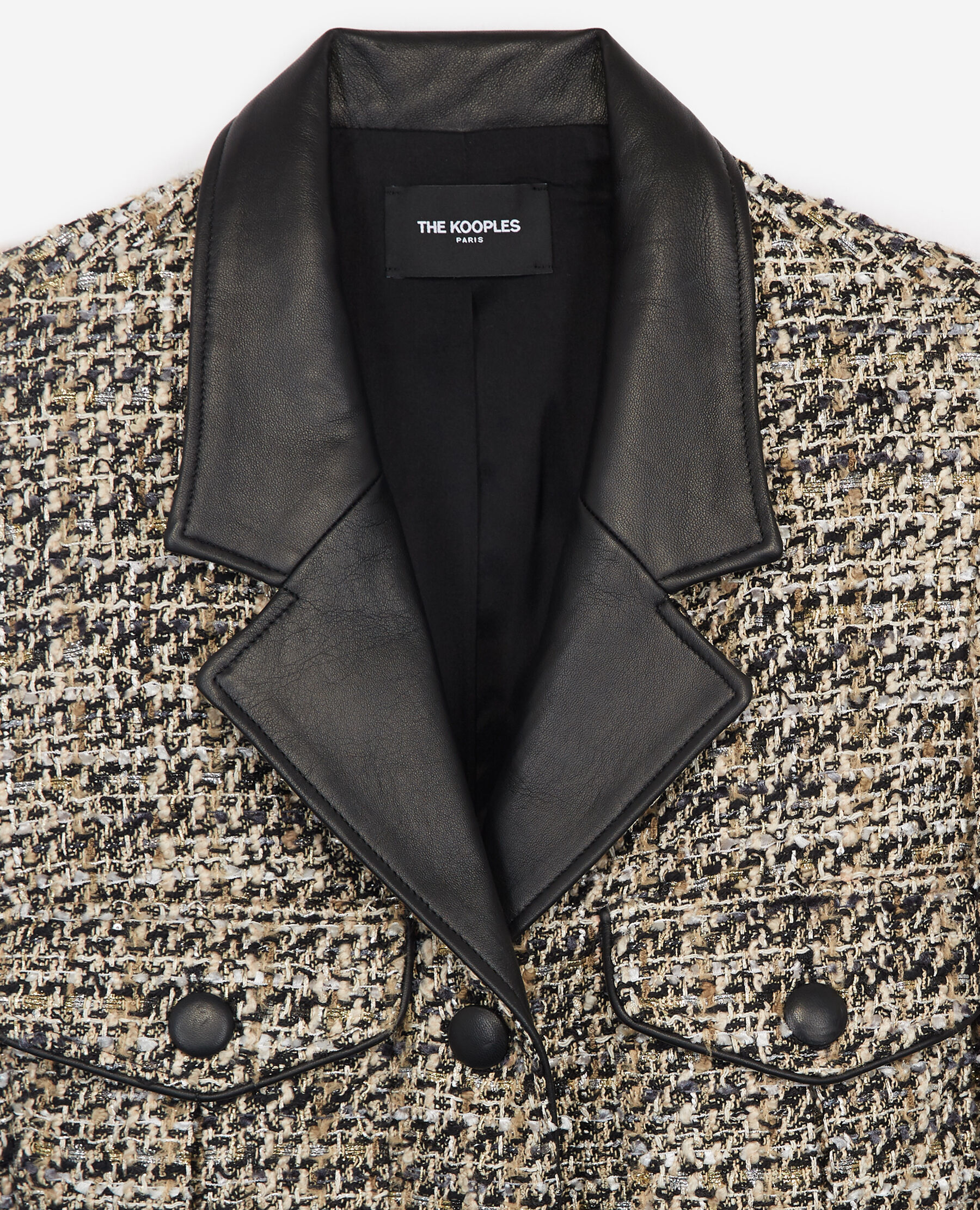 Fitted grey tweed jacket with leather details The Kooples