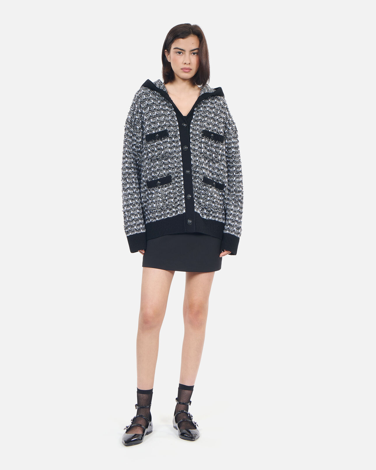 The Kooples FEMME BLACK / WHITE cardigan à capuche en tweed noir et blanc