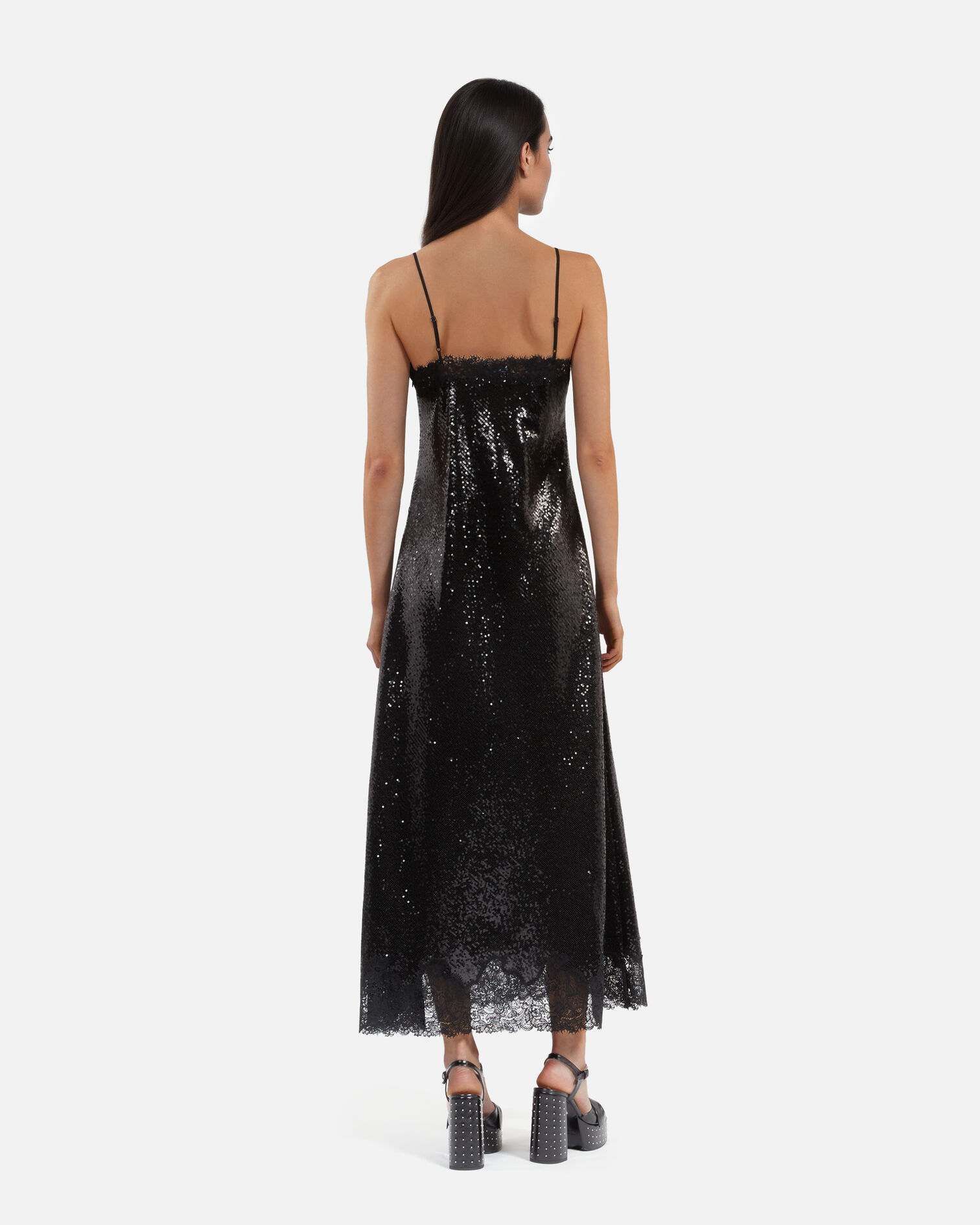 Black sequinned long babydoll dress, BLACK, hi-res image number null