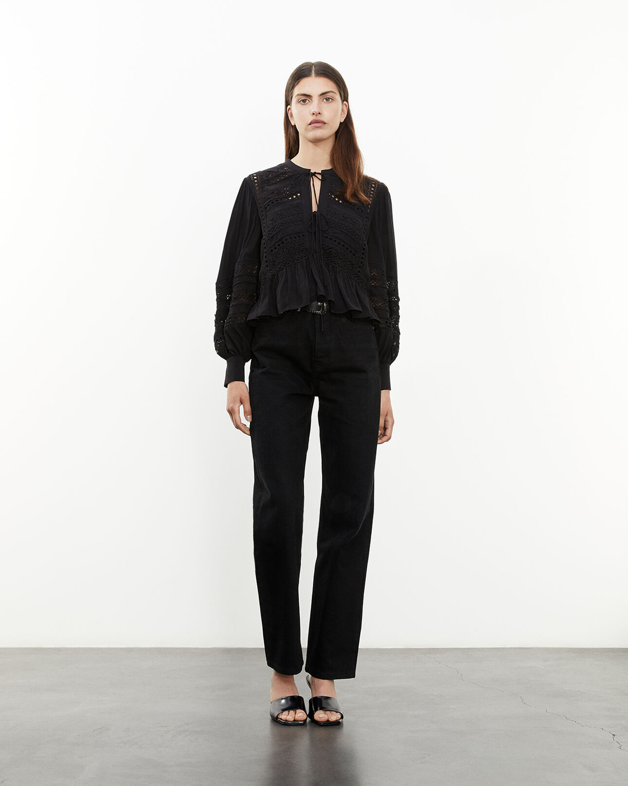 The Kooples WOMEN BLACK flowing black top with frill and lace