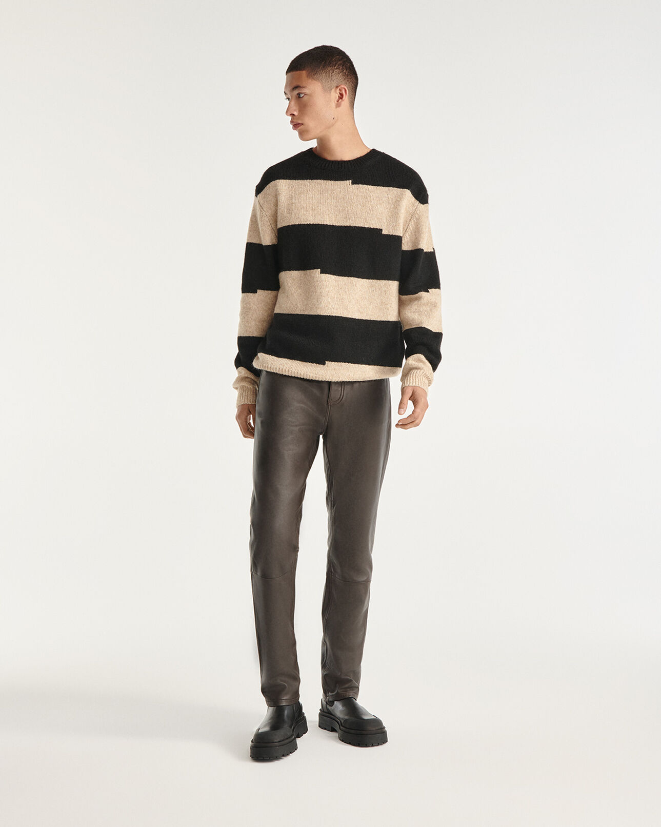 The Kooples HOMME BLACK BEIGE pull laine noir et beige à col rond