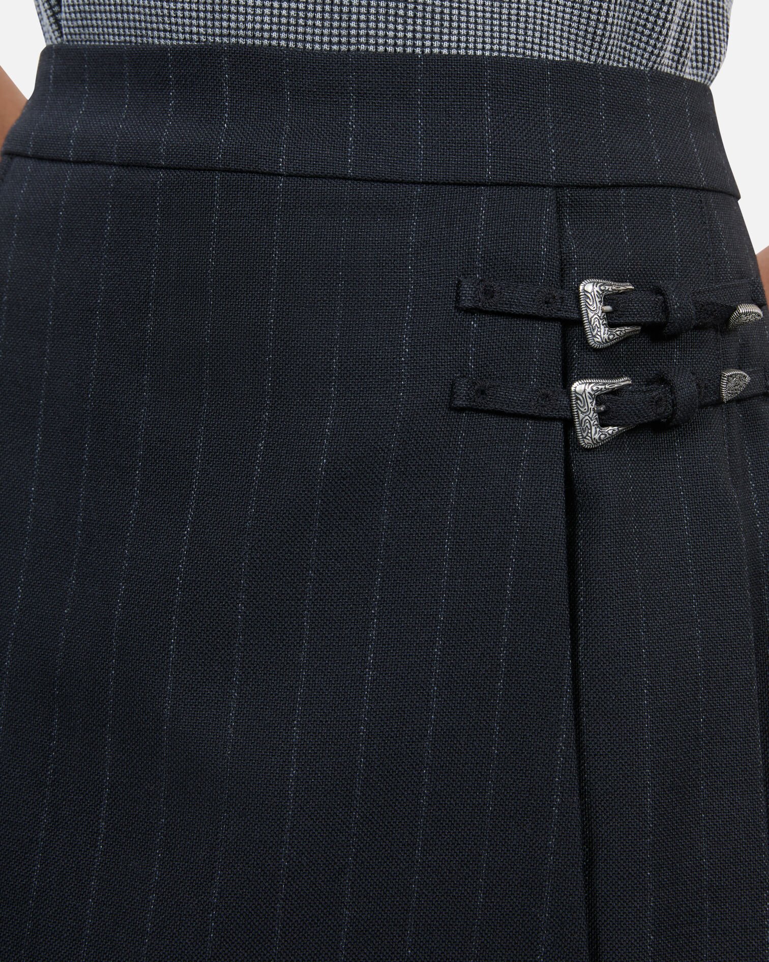 Black striped pleated short skirt, BLACK, hi-res image number null