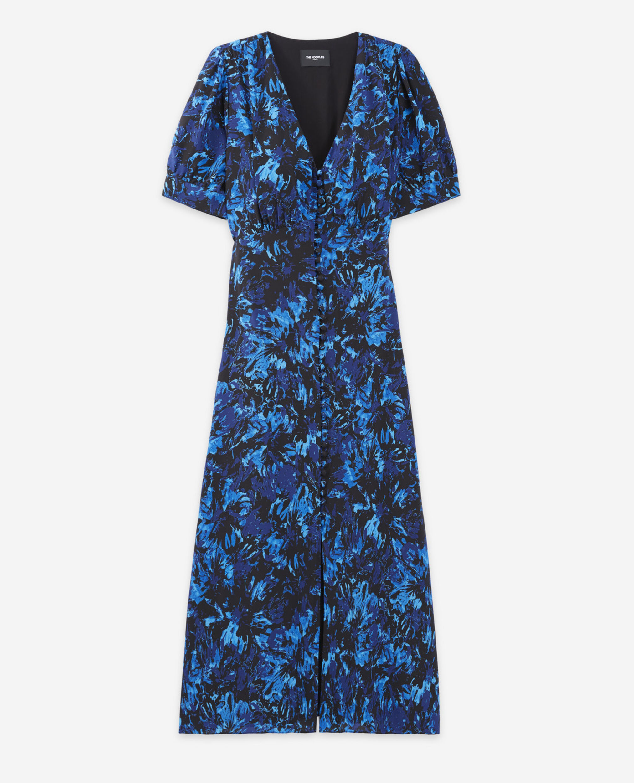 Blue silk long dress with fireworks print, DARK BLUE, hi-res image number null