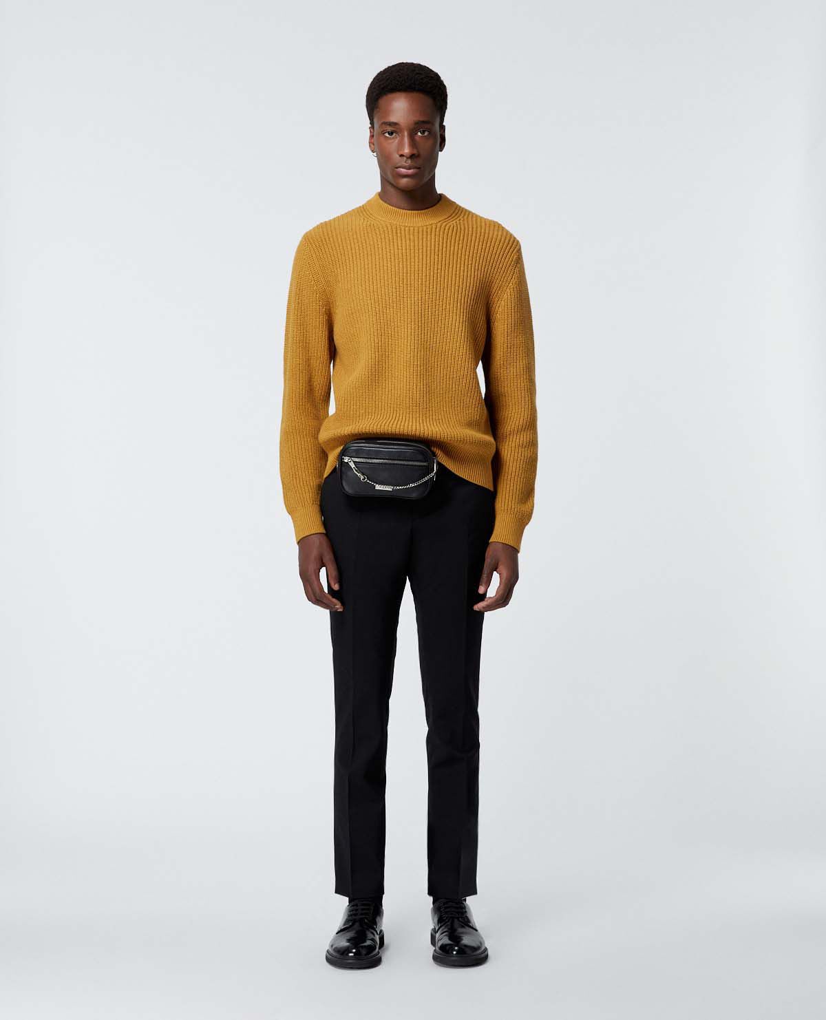 Mustard yellow cotton sweater with cable knit