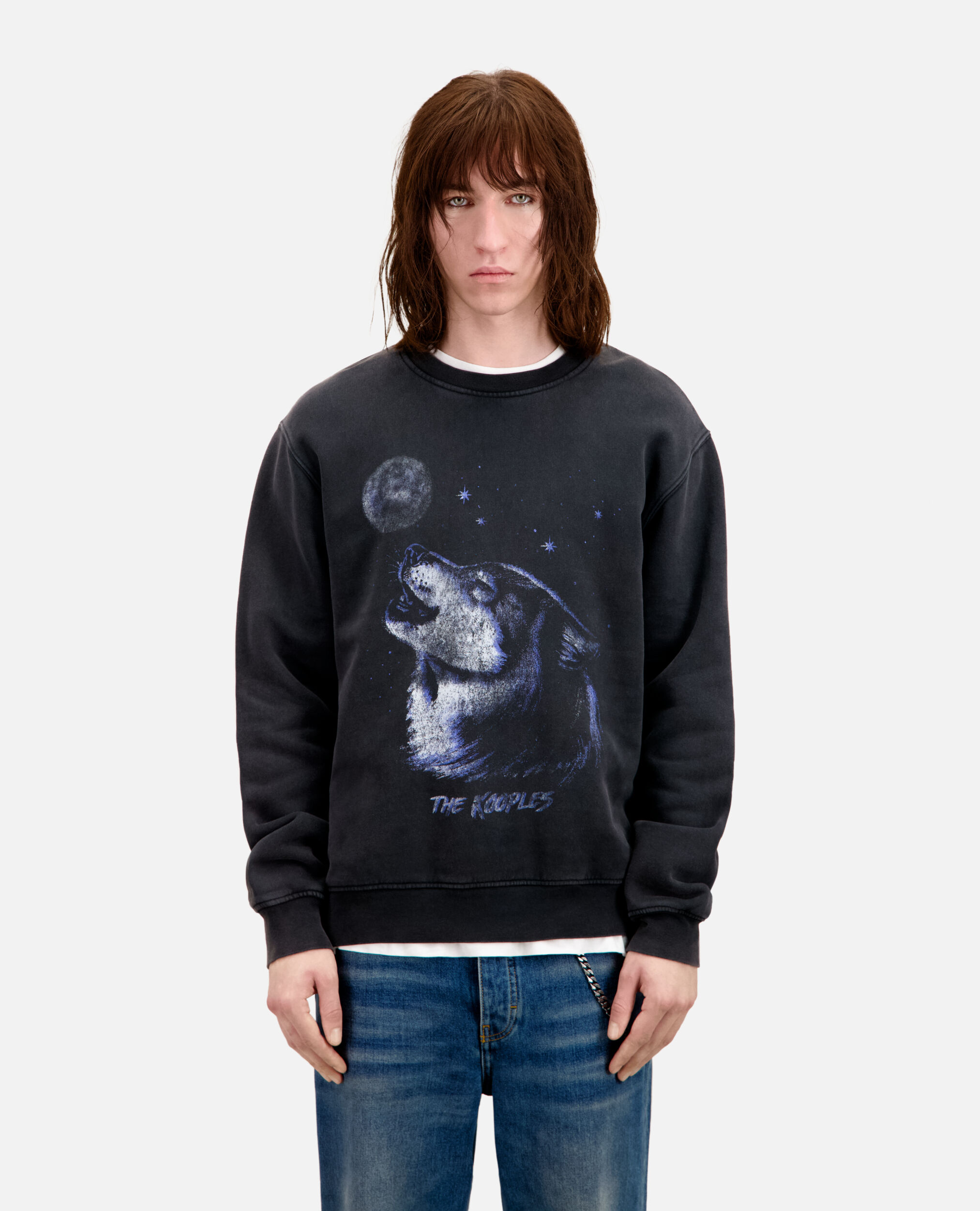 Men's Black sweatshirt with Wolf serigraphy, BLACK WASHED, hi-res image number null