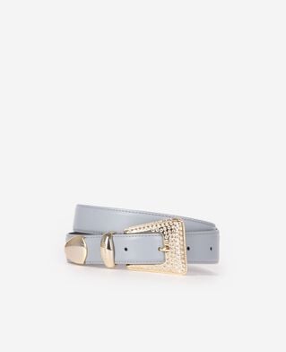 The Kooples WOMEN LIGHT BLUE blue leather western buckle belt in gold with rhinestones