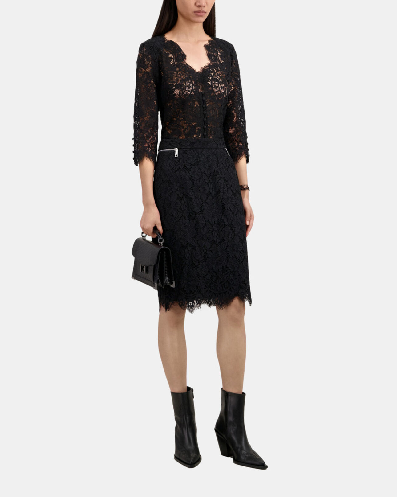 The Kooples WOMEN BLACK black lace mid-length pencil skirt
