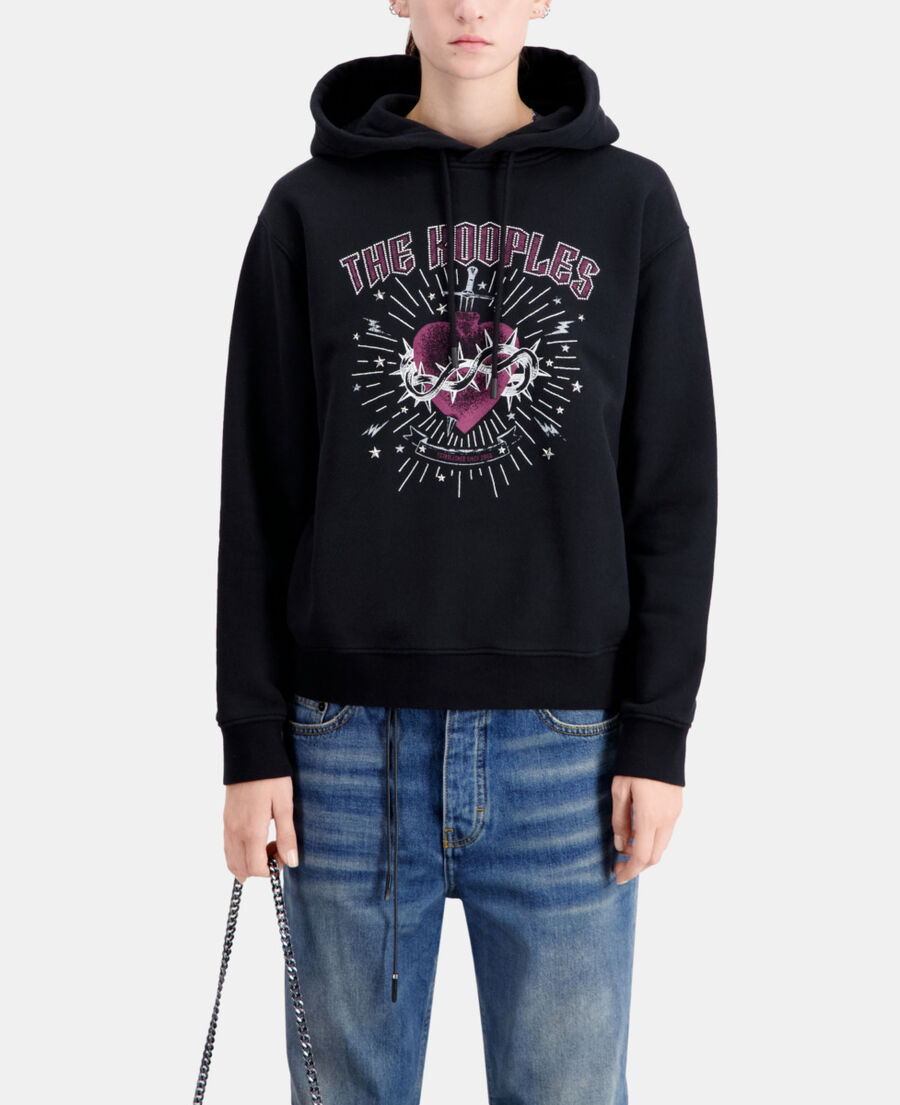 women's black hoodie with dagger through heart serigraphy
