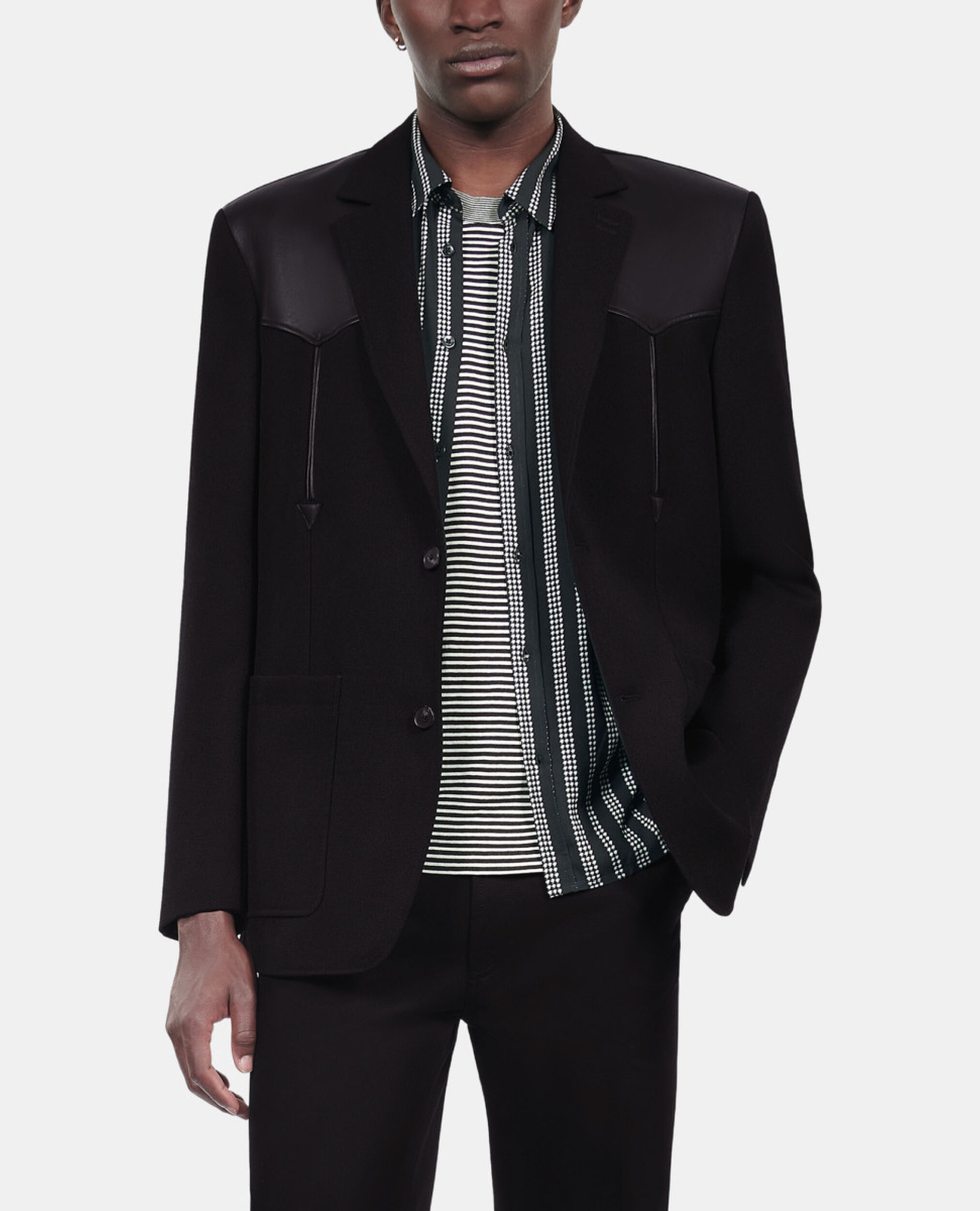 Black wool jacket with lambskin details, BLACK, hi-res image number null