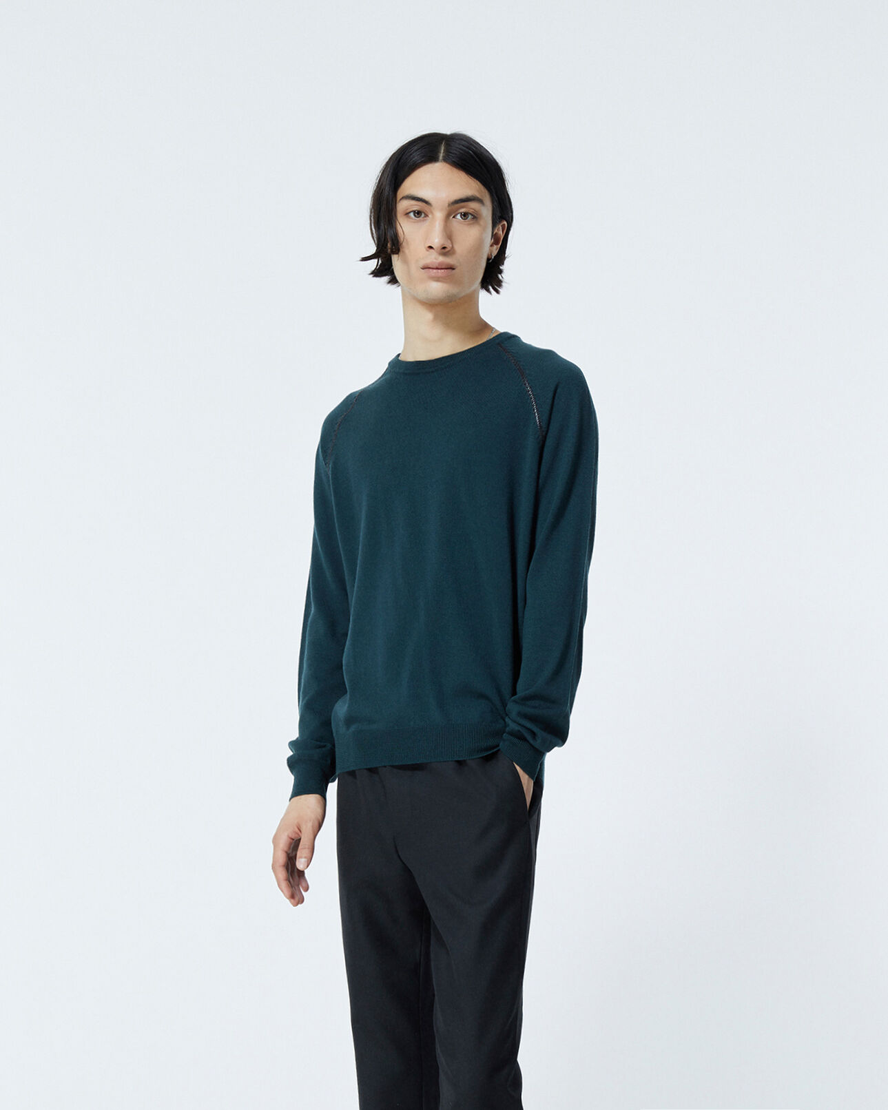 The Kooples MEN BOTTLE GREEN bottle green wool sweater w/leather details
