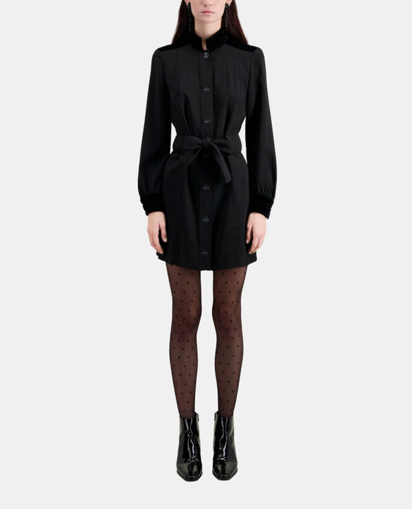 short black crepe dress with velvet details