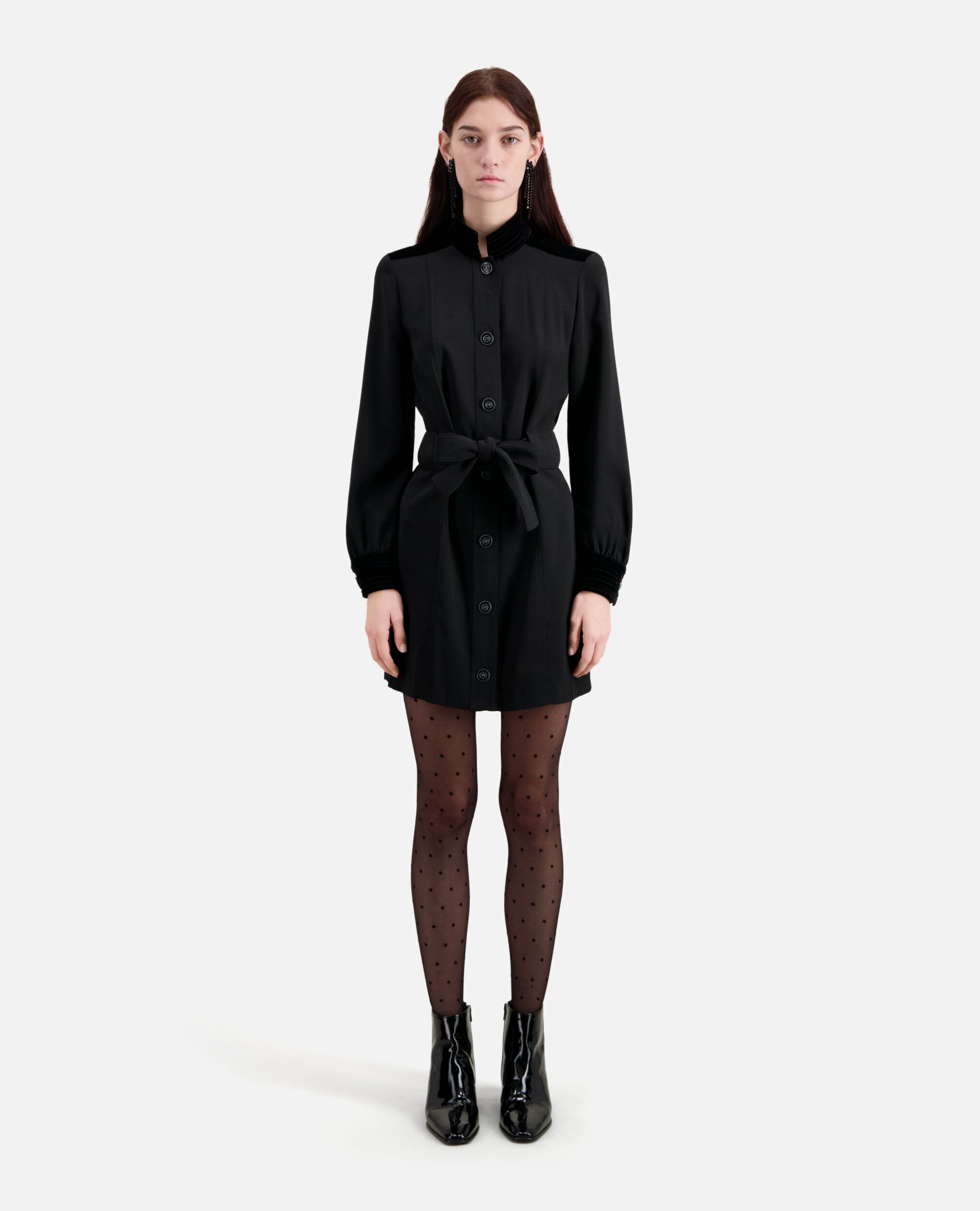 Short black crepe dress with velvet details, BLACK, hi-res image number null