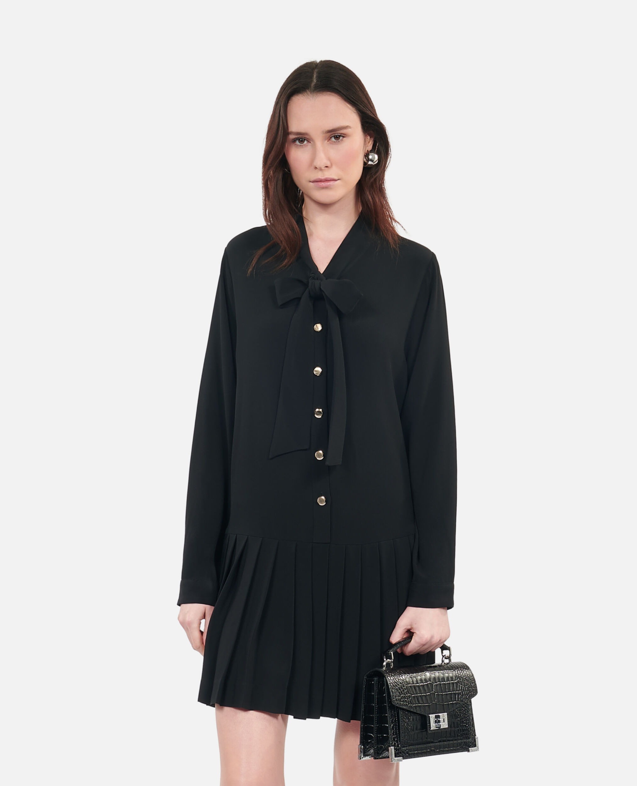 Vestido negro corto plisado, BLACK, hi-res image number null