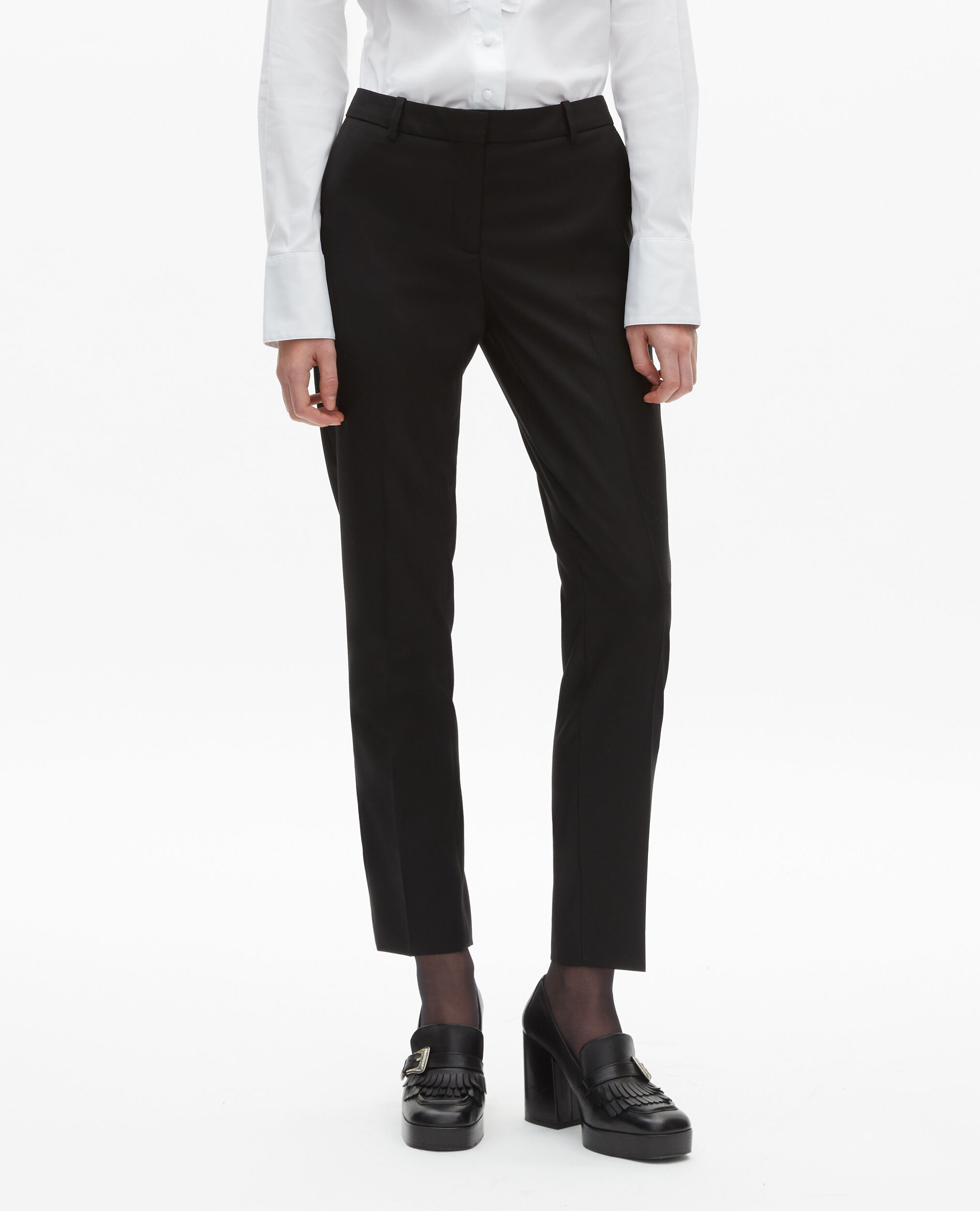 Black wool tailored trousers with a slim fit, BLACK, hi-res image number null