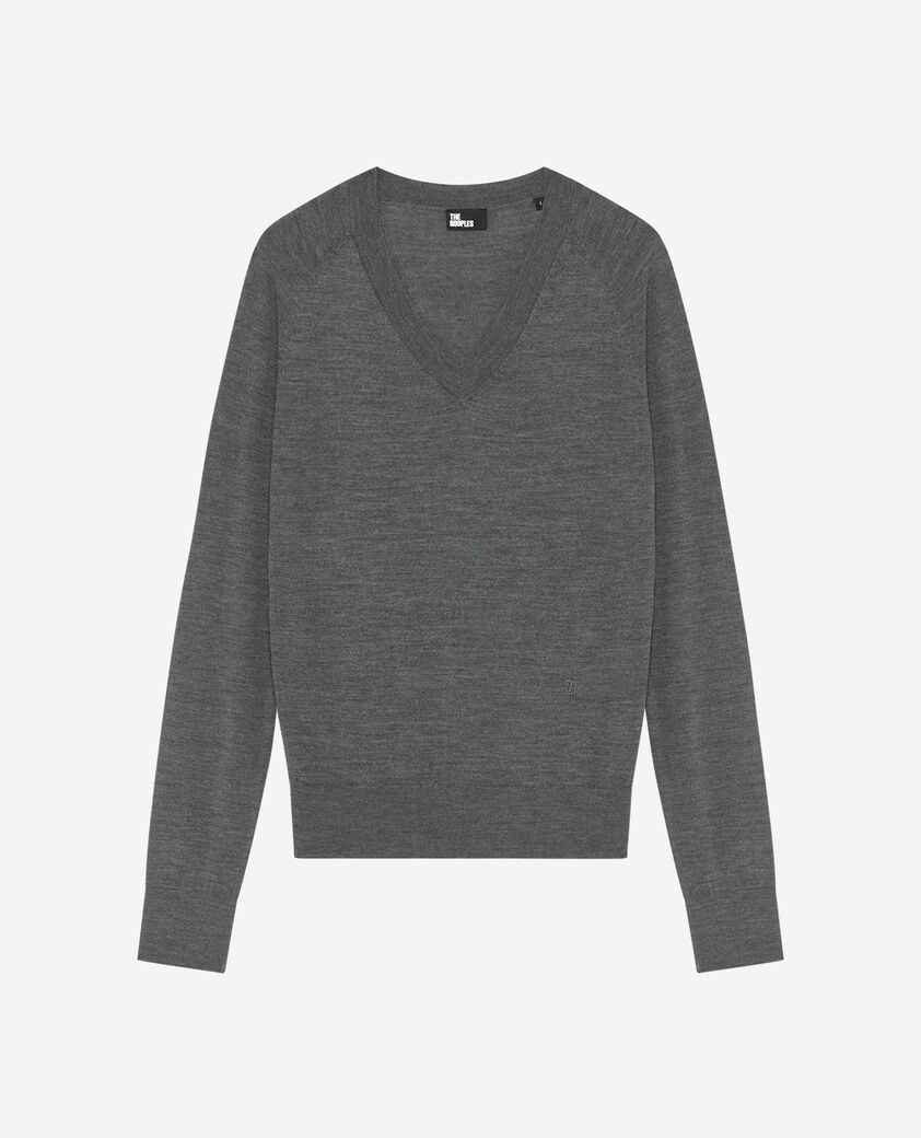 The Kooples WOMEN DARK GREY MELANGE grey merino wool v-neck sweater