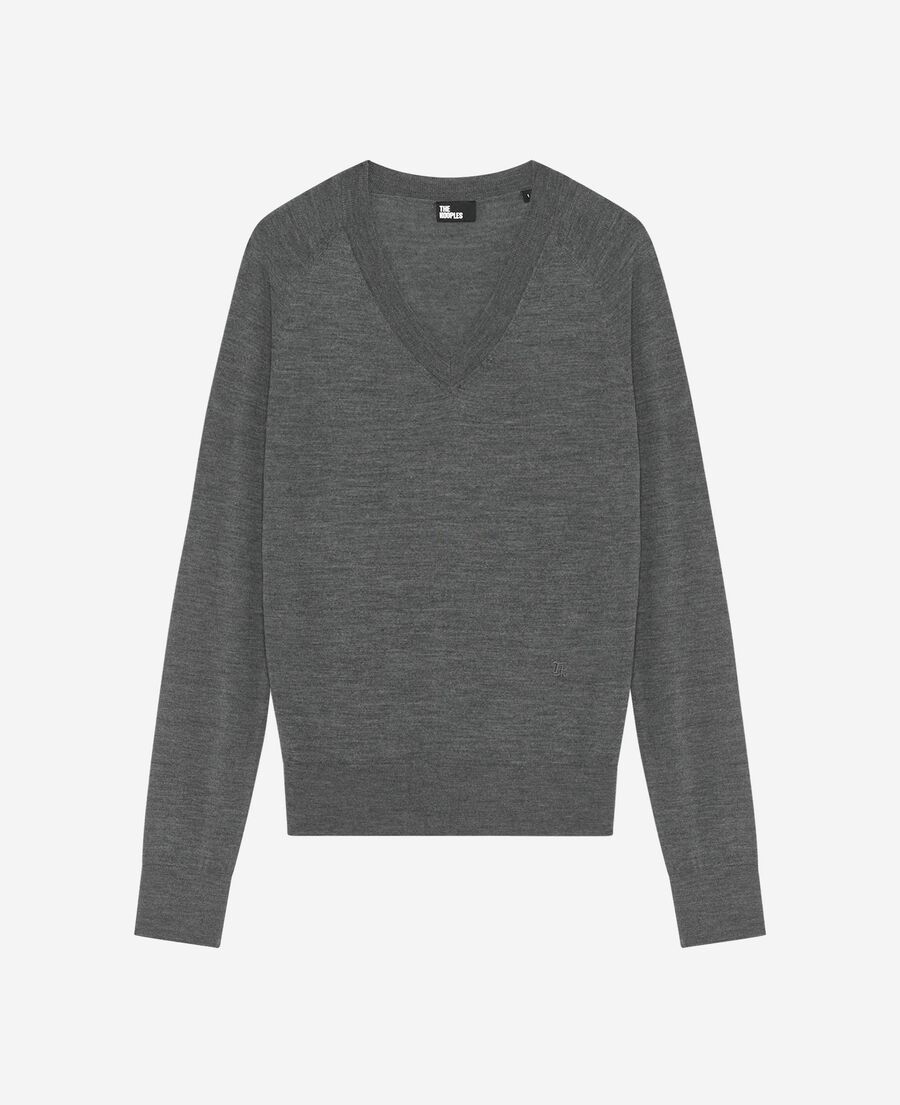 The Kooples WOMEN DARK GREY MELANGE grey merino wool v-neck sweater