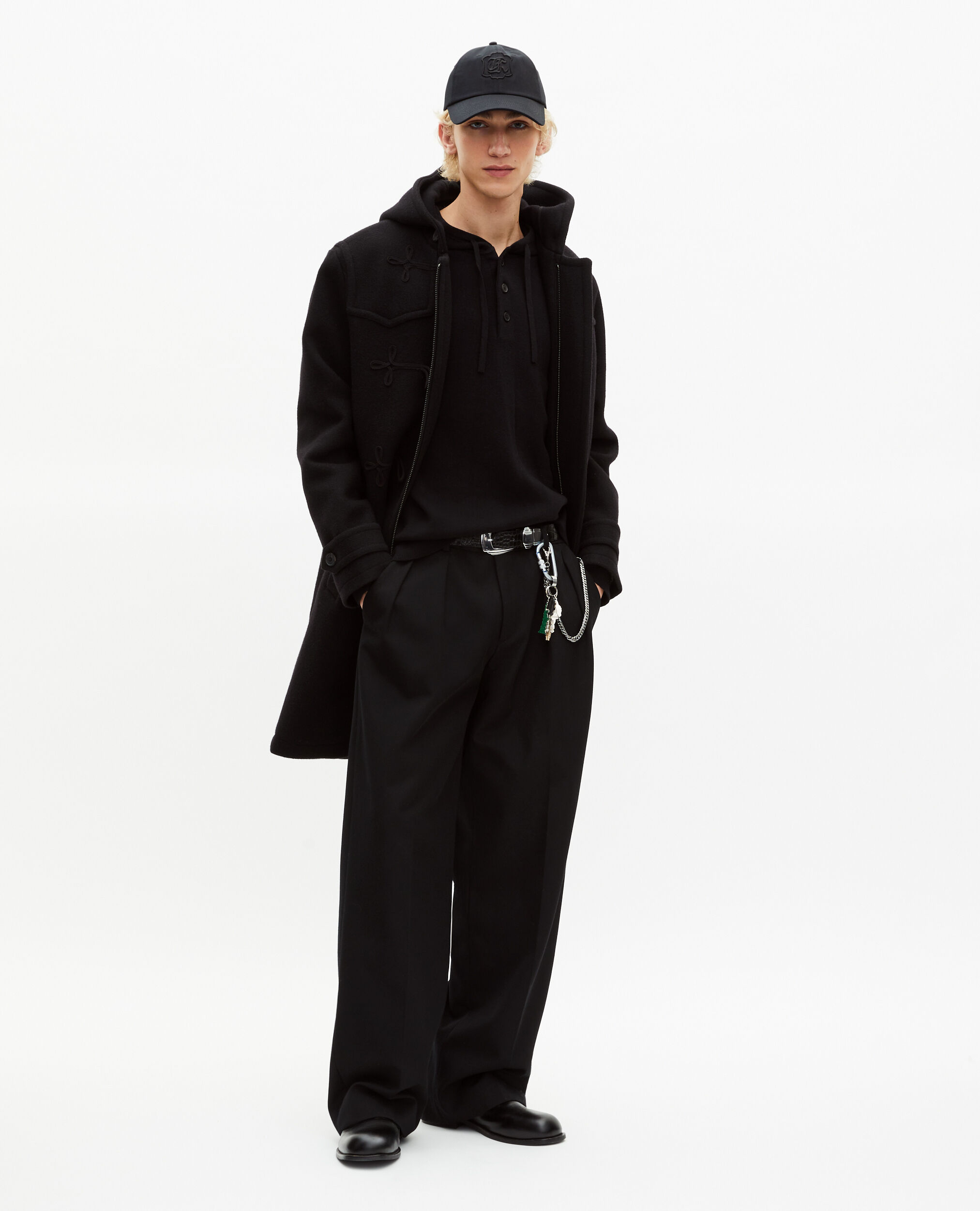 Long black wool coat with Brandenburg closure | The Kooples US
