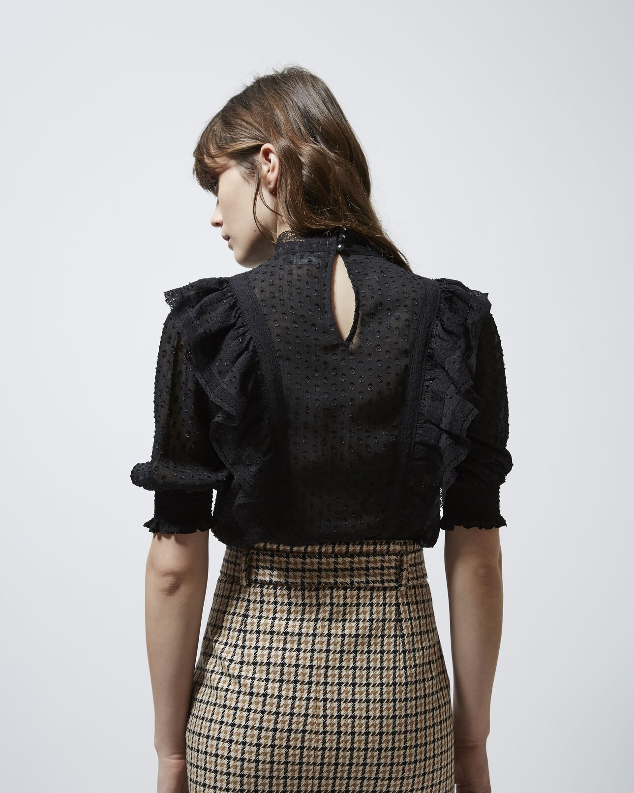 The Kooples WOMEN BLACK embroidered long-sleeve top with frills