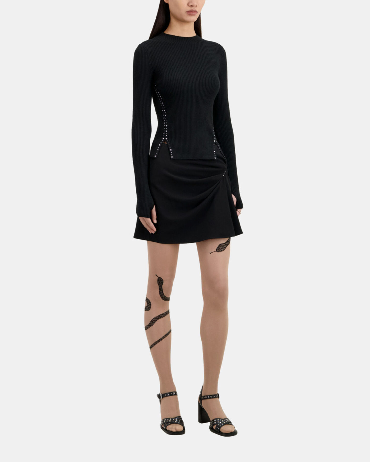 Black knit sweater with studs, BLACK, hi-res image number null
