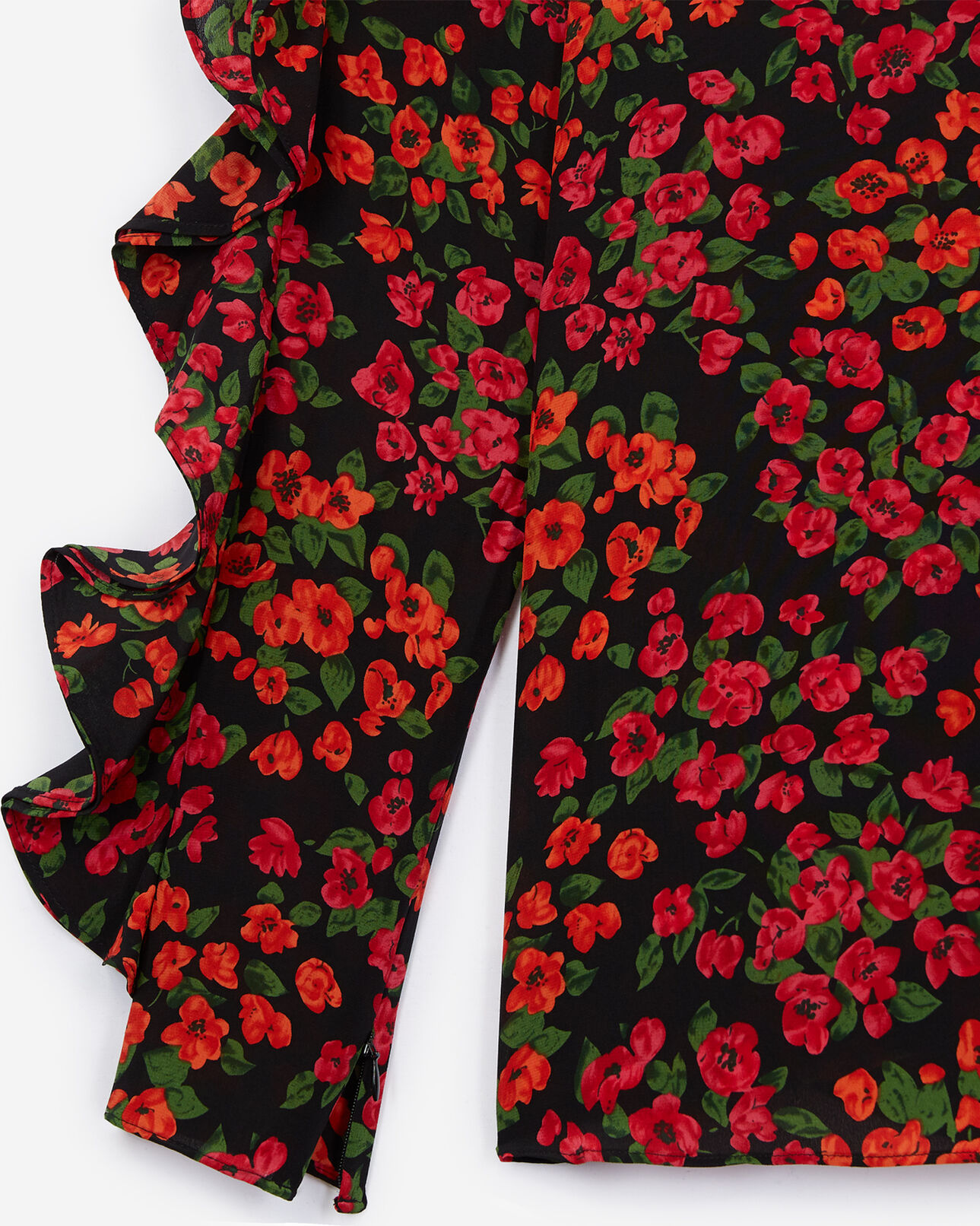 The Kooples FEMME RED / BLACK top soie asymétrique rouge imprimé camelia rose