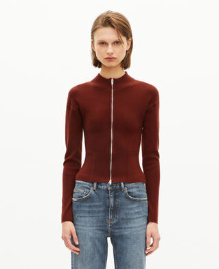 The Kooples WOMEN RED BRIQUE burgundy wool blend zip cardigan