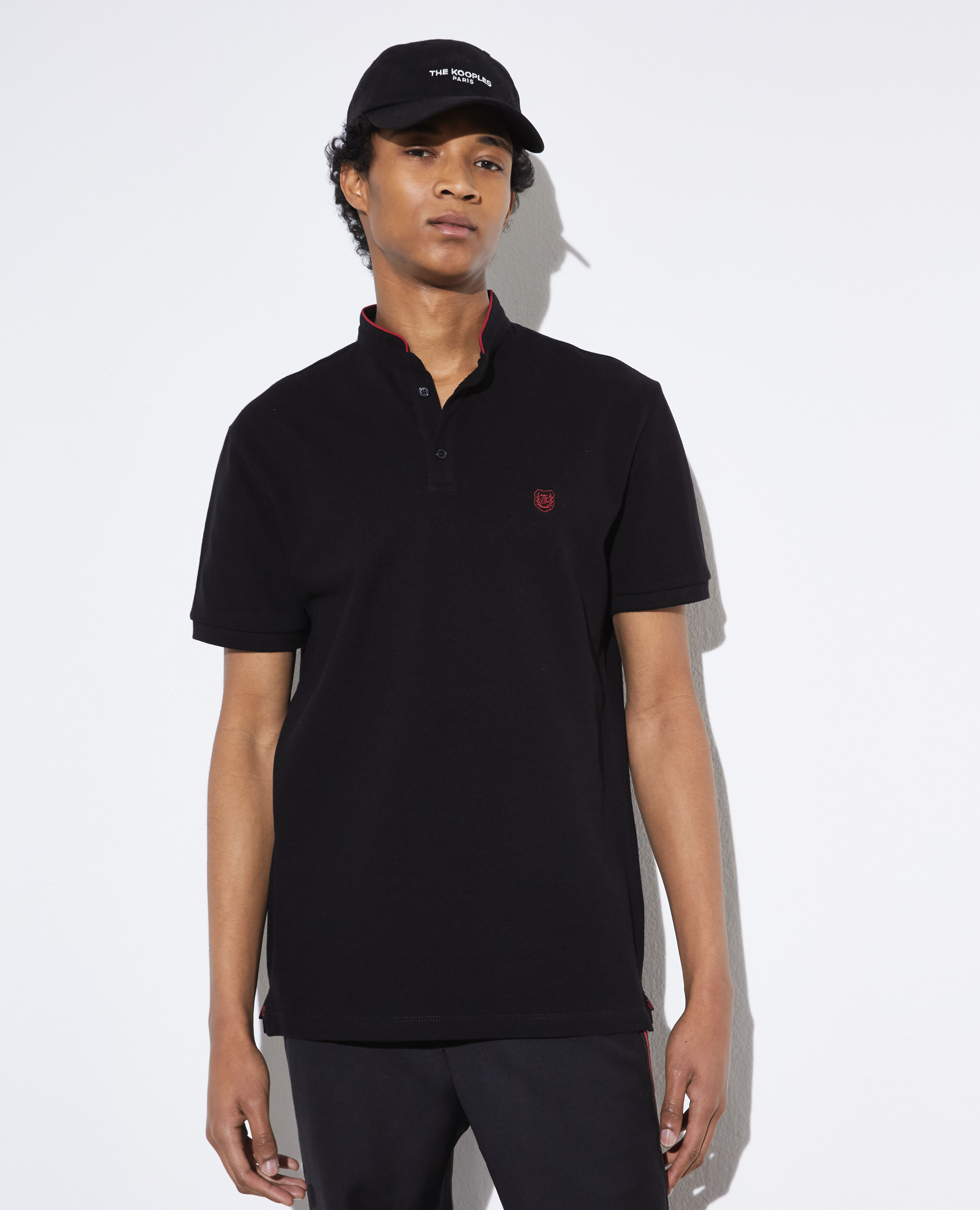 Black collarless polo shirt best sale