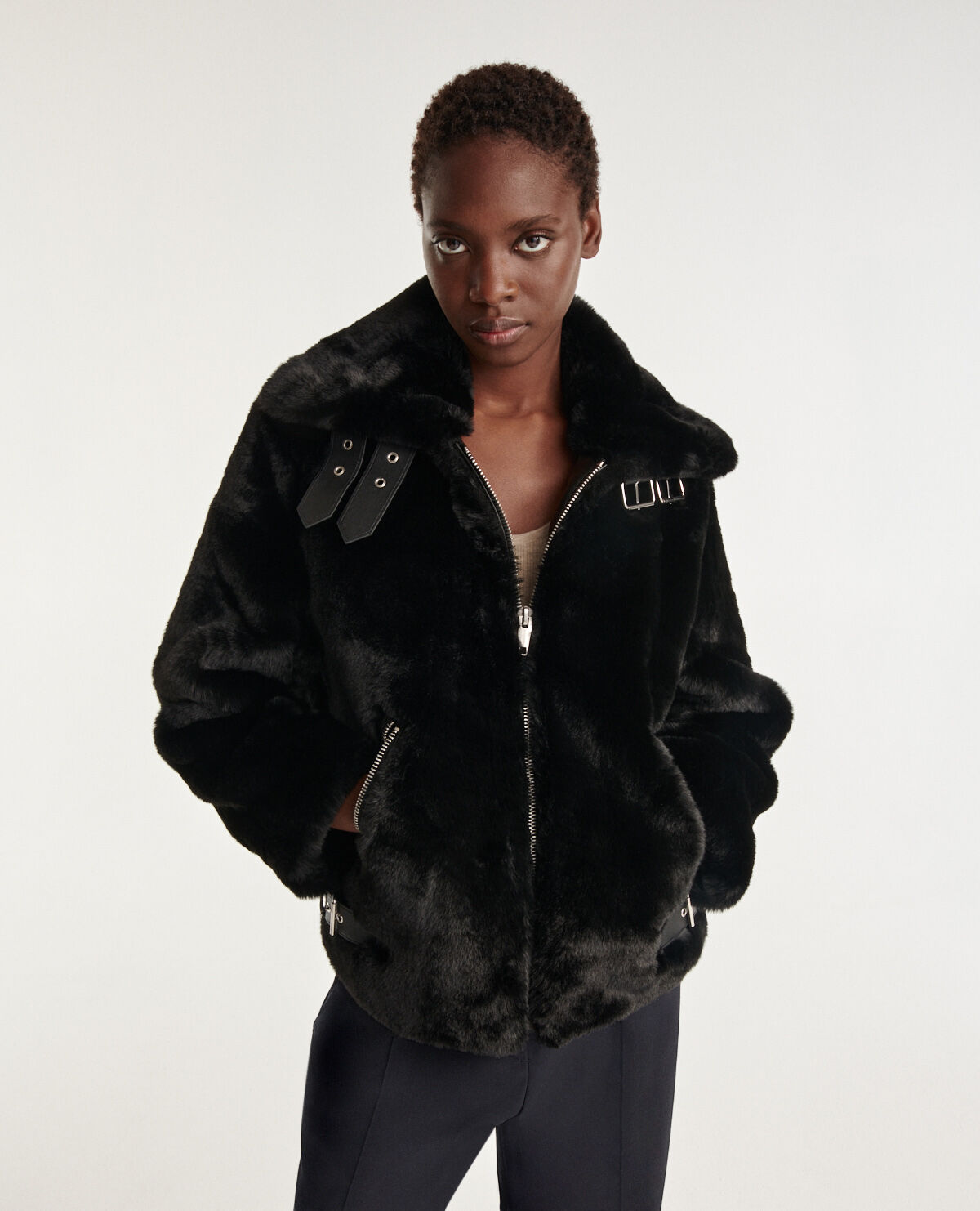 Black leather and faux fur coat The Kooples US
