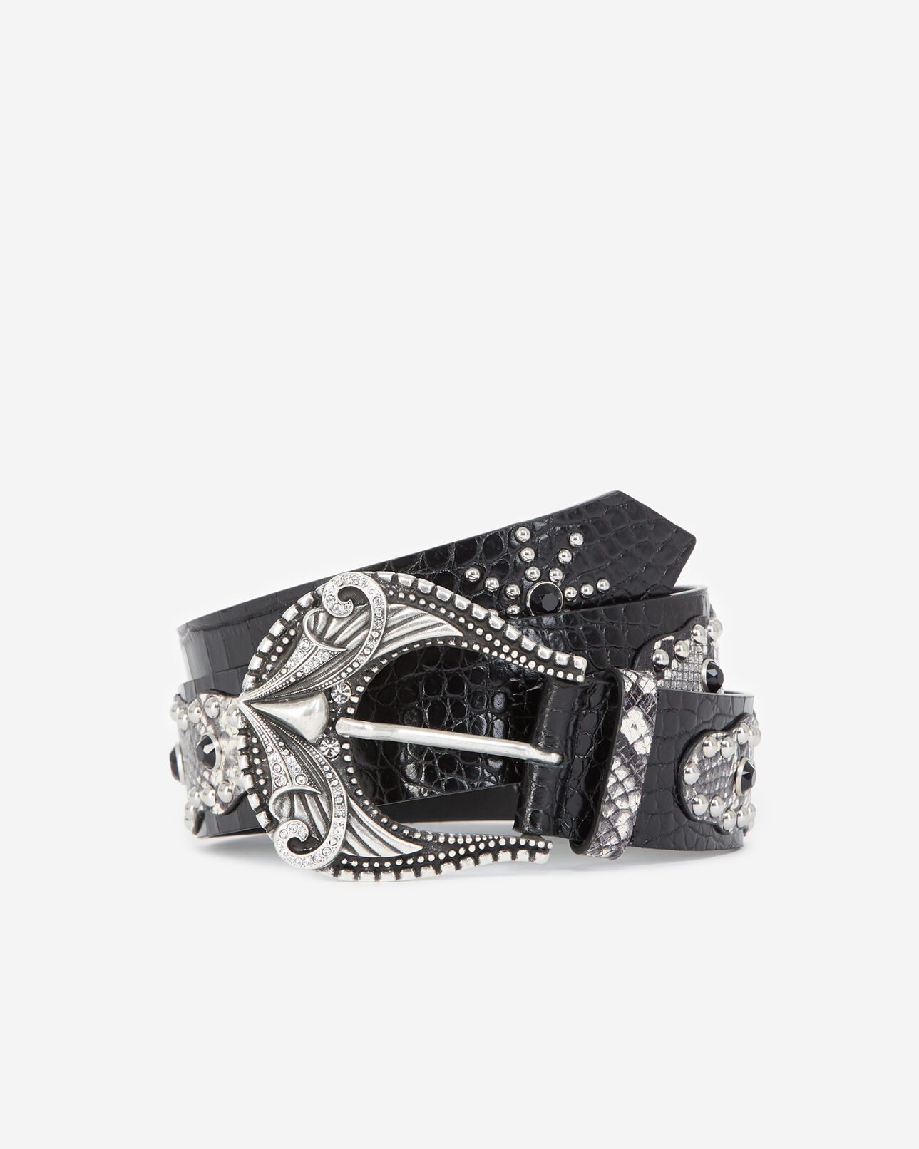 The Kooples WOMEN BLACK WHITE snake-effect black leather belt w/rhinestones