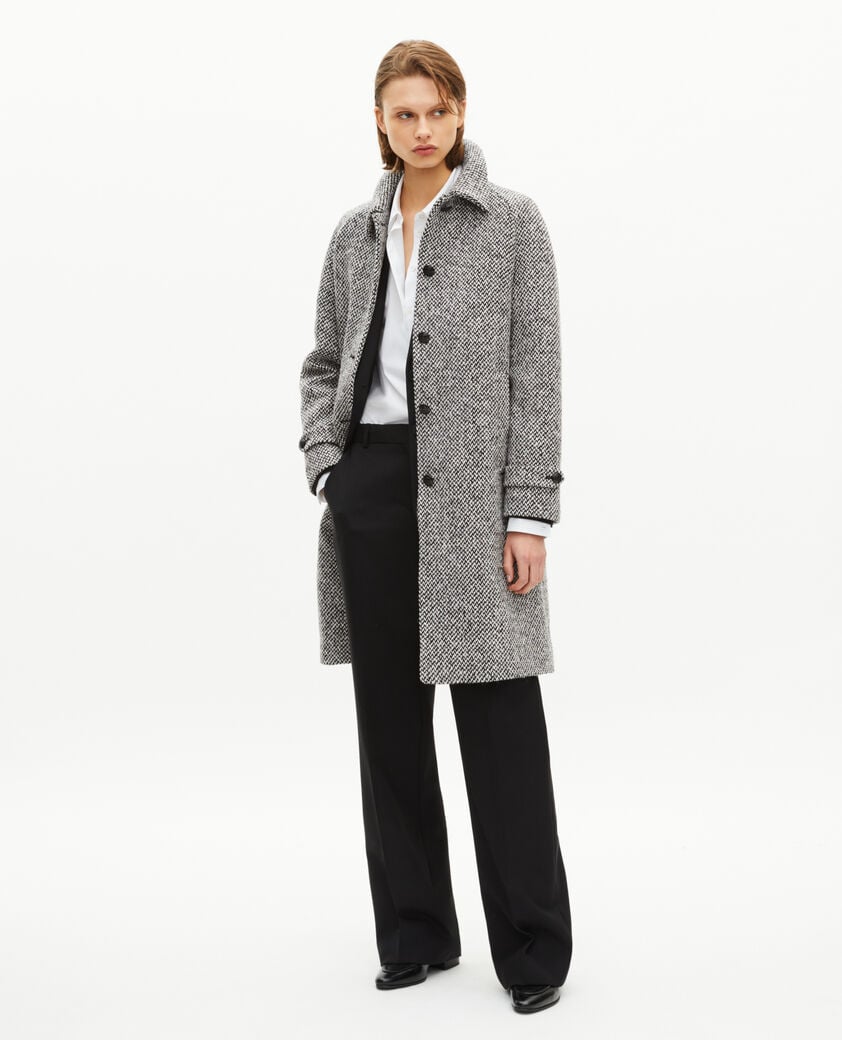 The Kooples FEMME BLANC / BLEU manteau long en tweed noir et blanc