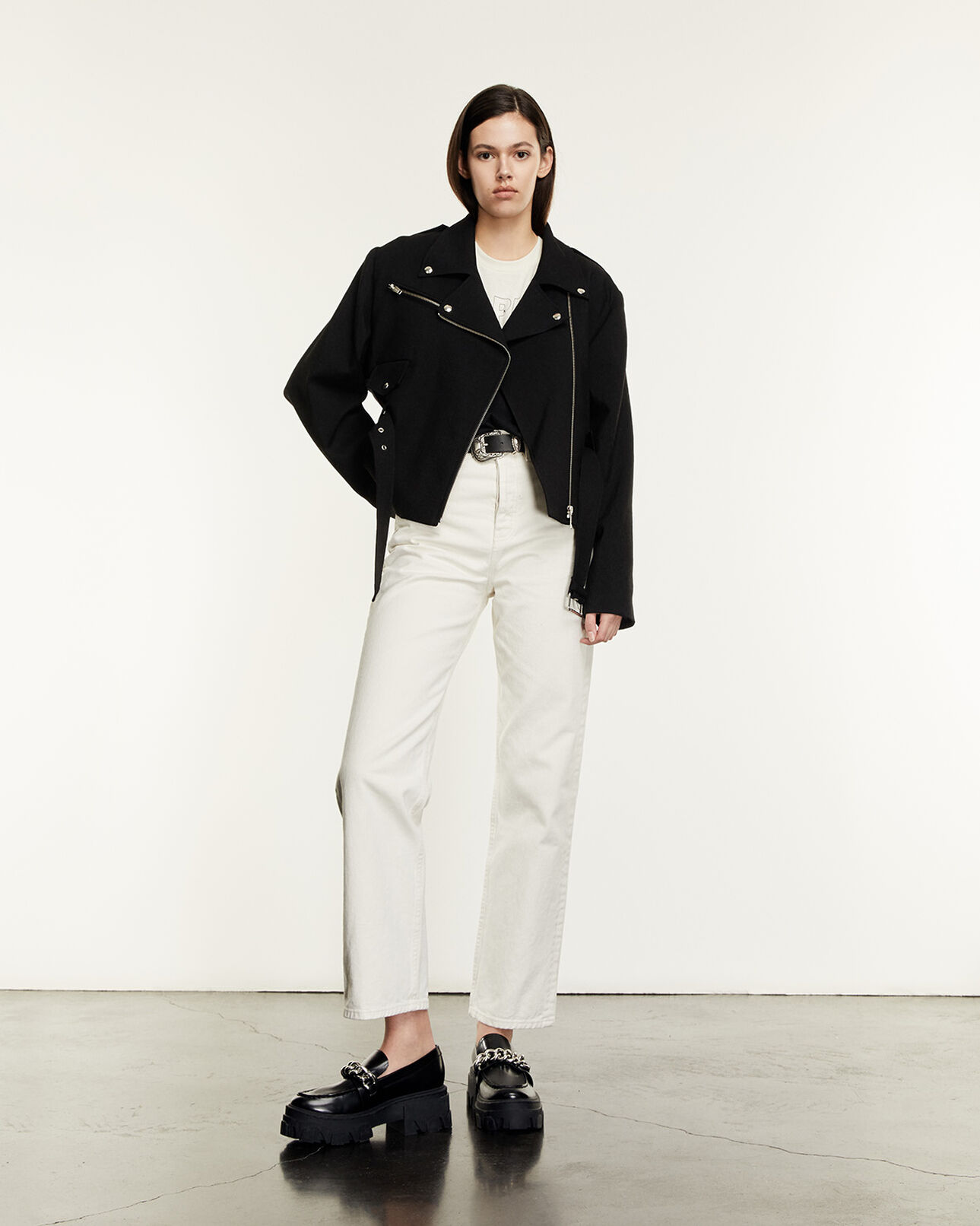 The Kooples DAMEN BLACK wollmantel schwarz kurz biker-stil