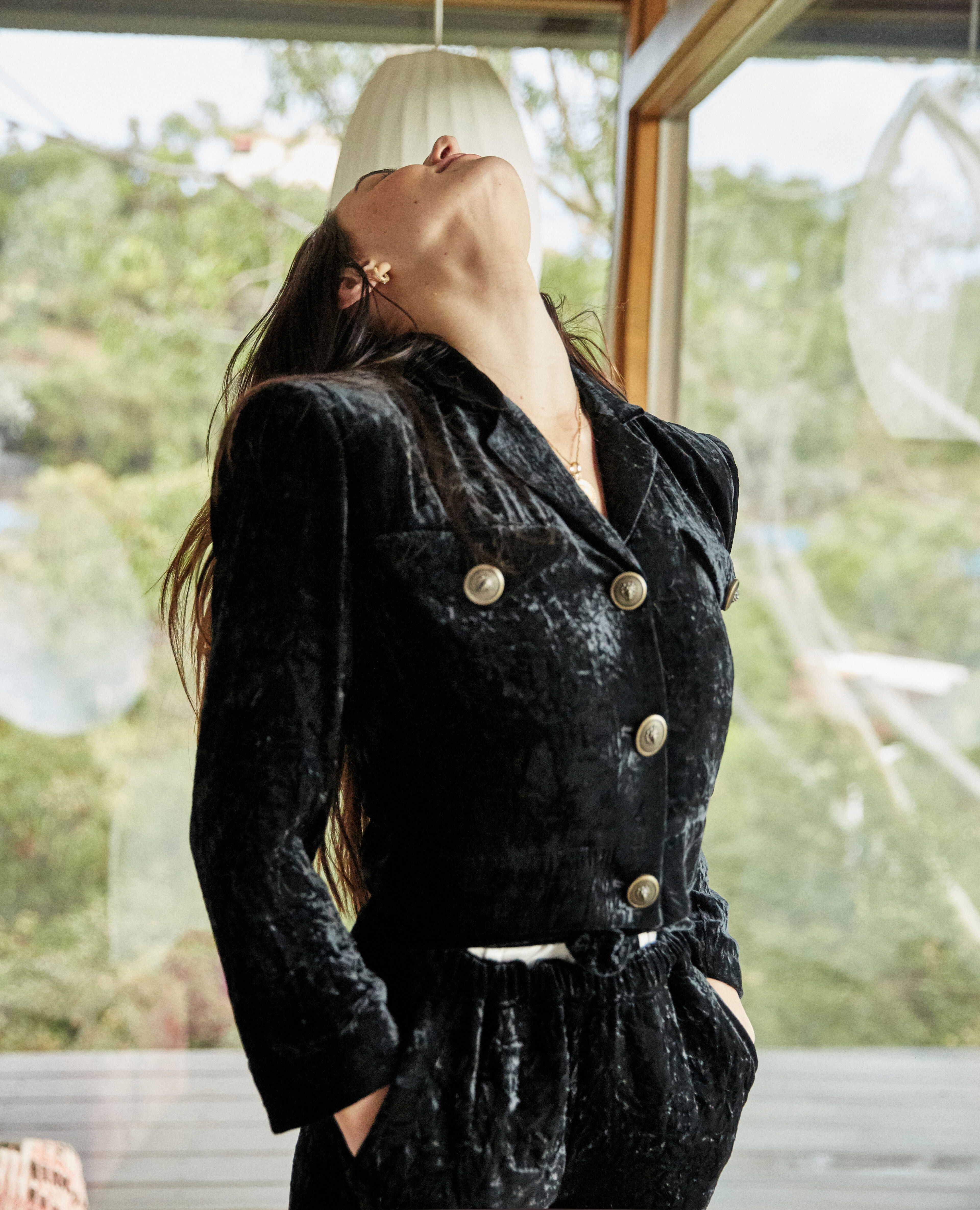 Black crushed velvet jacket with patch pockets