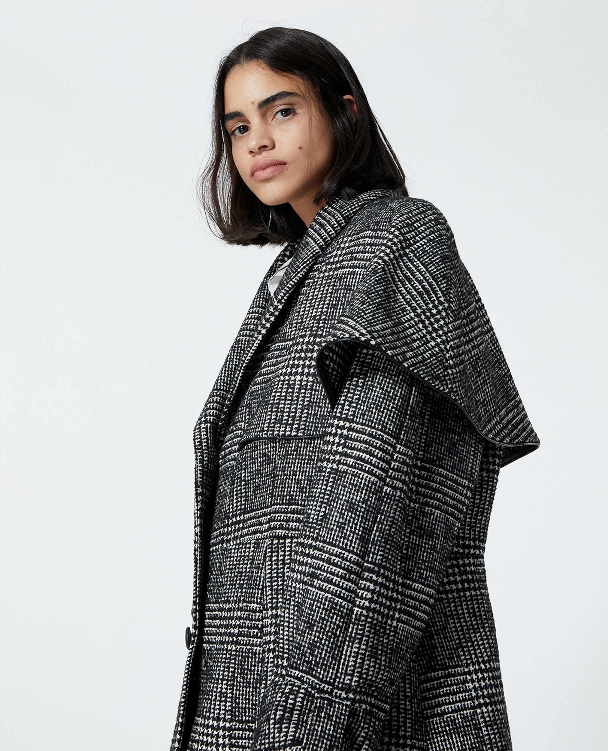 Two-tone cape-effect wool coat, BLACK WHITE, hi-res image number null