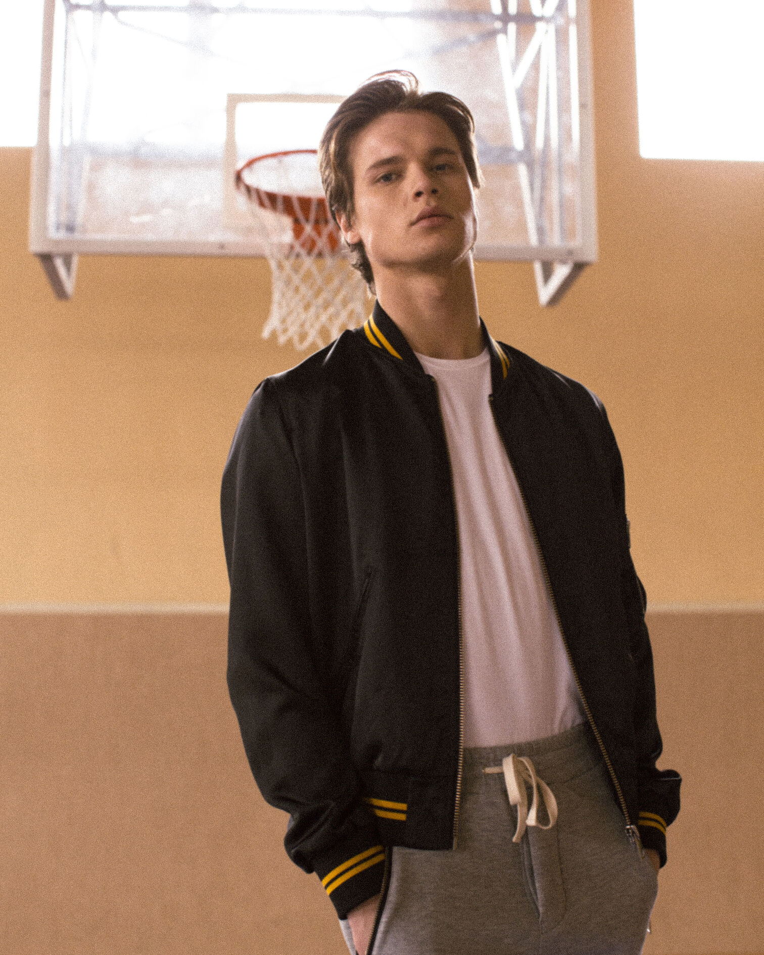 Black satin varsity jacket, BLACK / YELLOW, hi-res image number null
