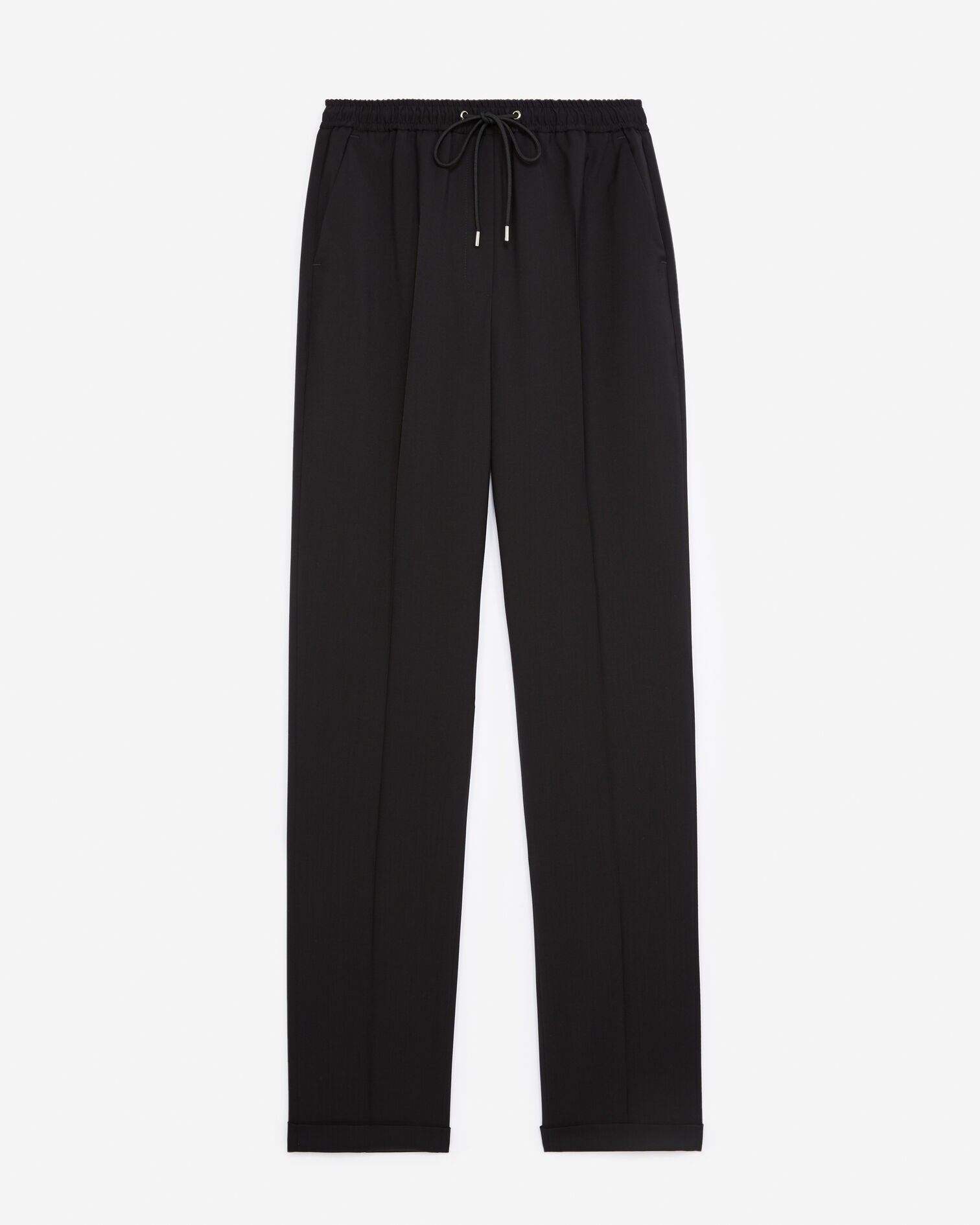 Straight-cut black wool pants with elastic, BLACK, hi-res image number null