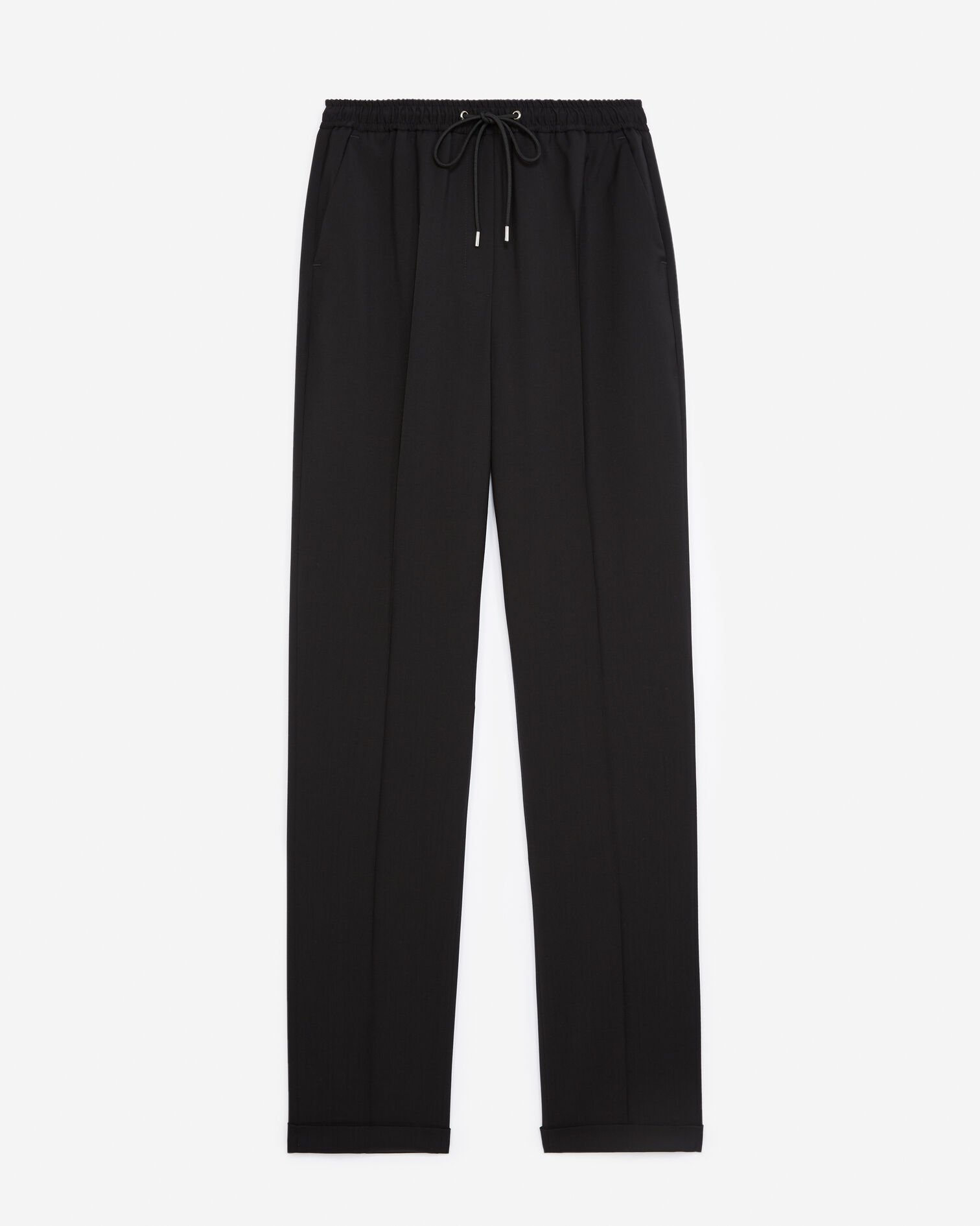 Straight-cut black wool pants with elastic, BLACK, hi-res image number null