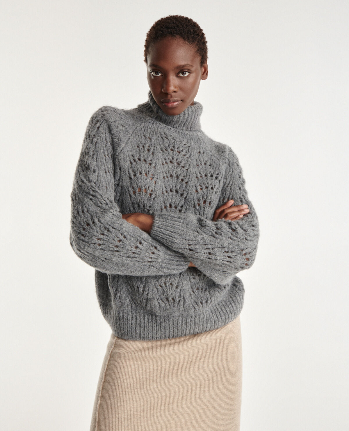 Gray turtleneck sweater with puffed sleeves The Kooples US