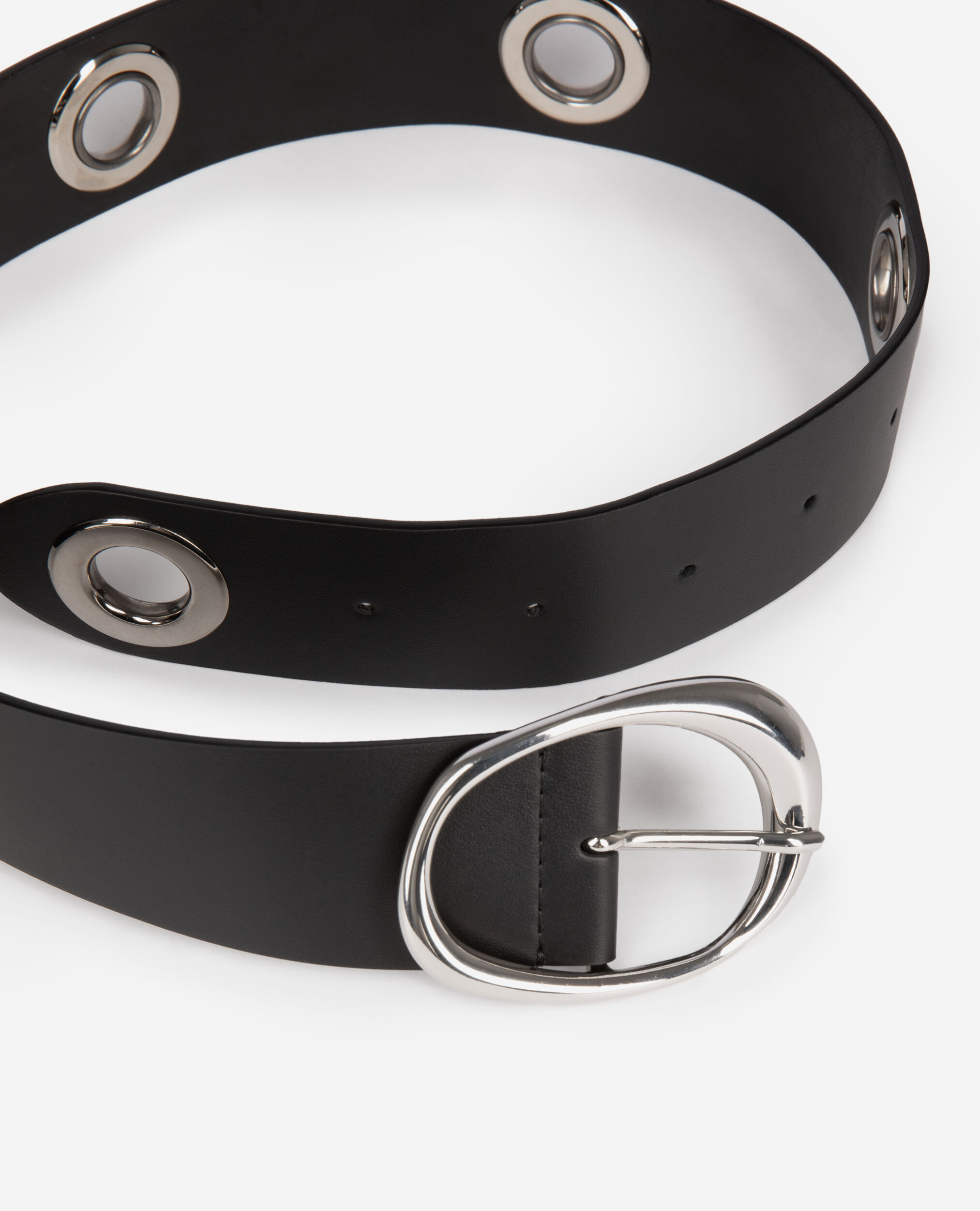 Wide black leather belt with eyelets