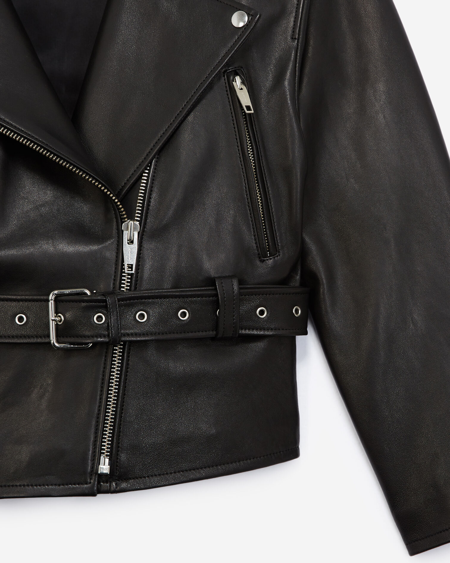 Belted biker-style black leather jacket, BLACK, hi-res image number null