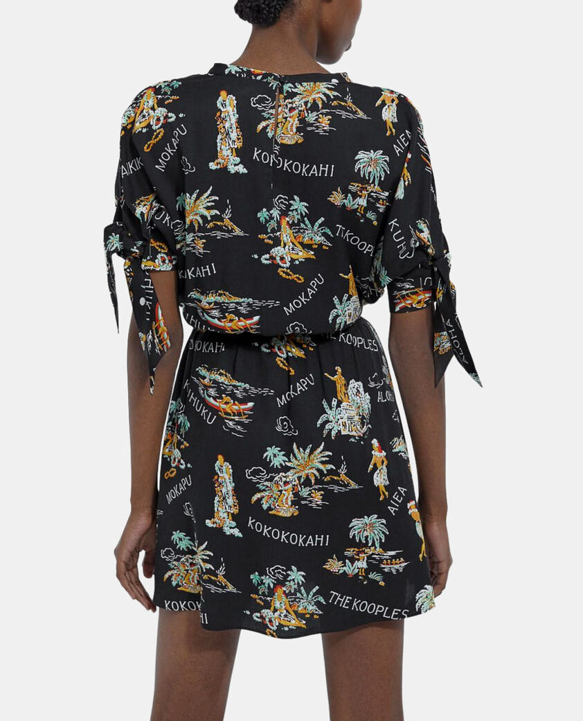 The Kooples DAMEN BLACK schwarzes kurzarm-kleid mit hawaii-motiv